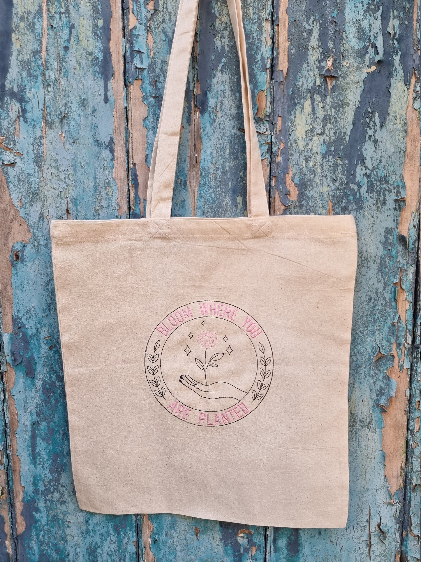 Bloom Where You Are Planted Emblem Embroidered Tote Bag