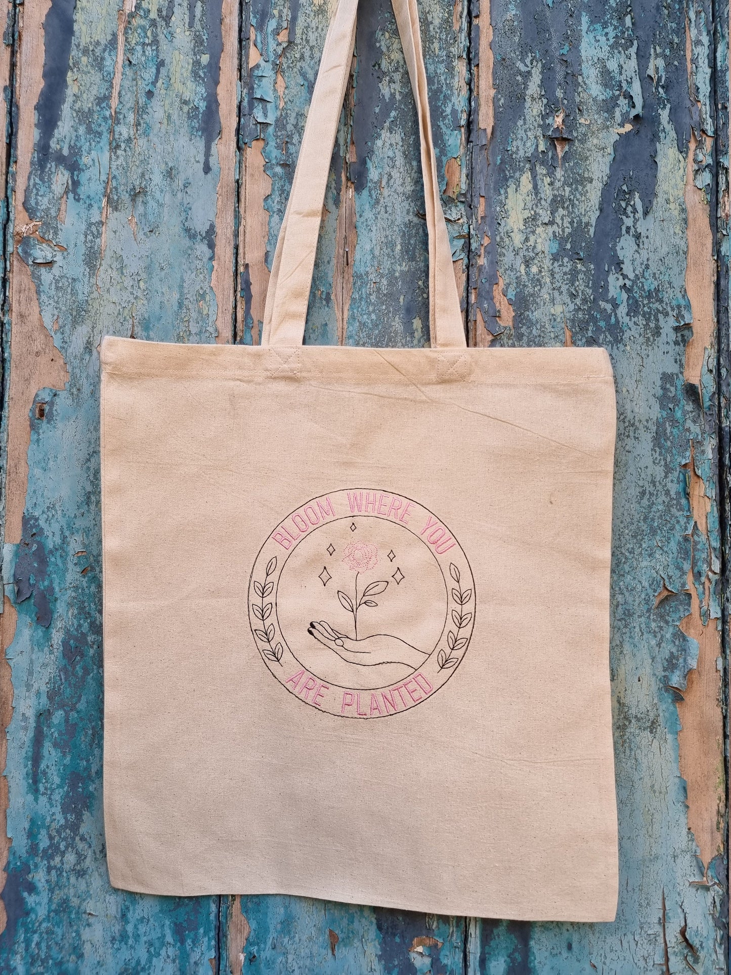 Bloom Where You Are Planted Emblem Embroidered Tote Bag