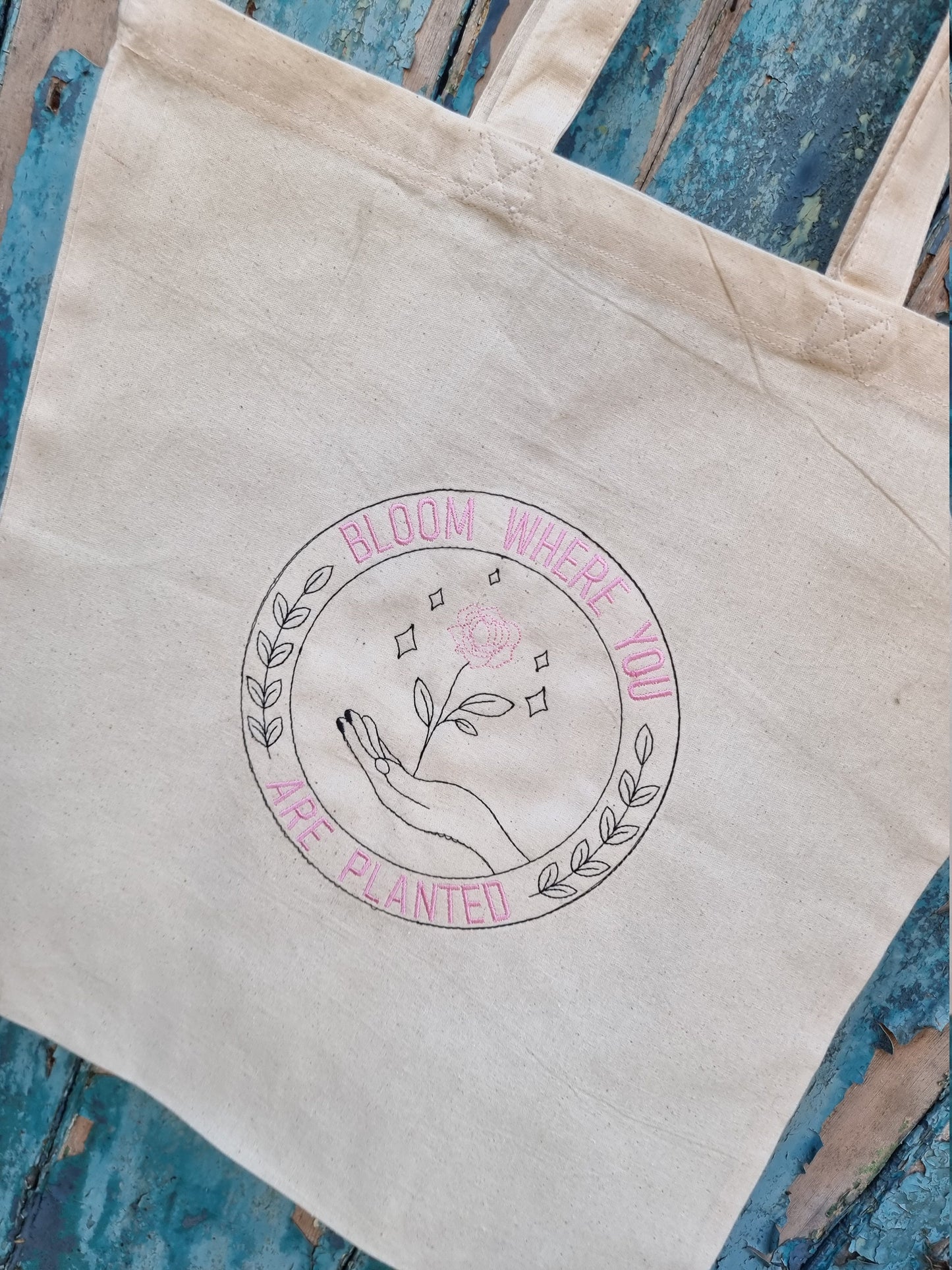 Bloom Where You Are Planted Emblem Embroidered Tote Bag