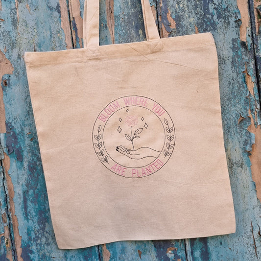 Bloom Where You Are Planted Emblem Embroidered Tote Bag