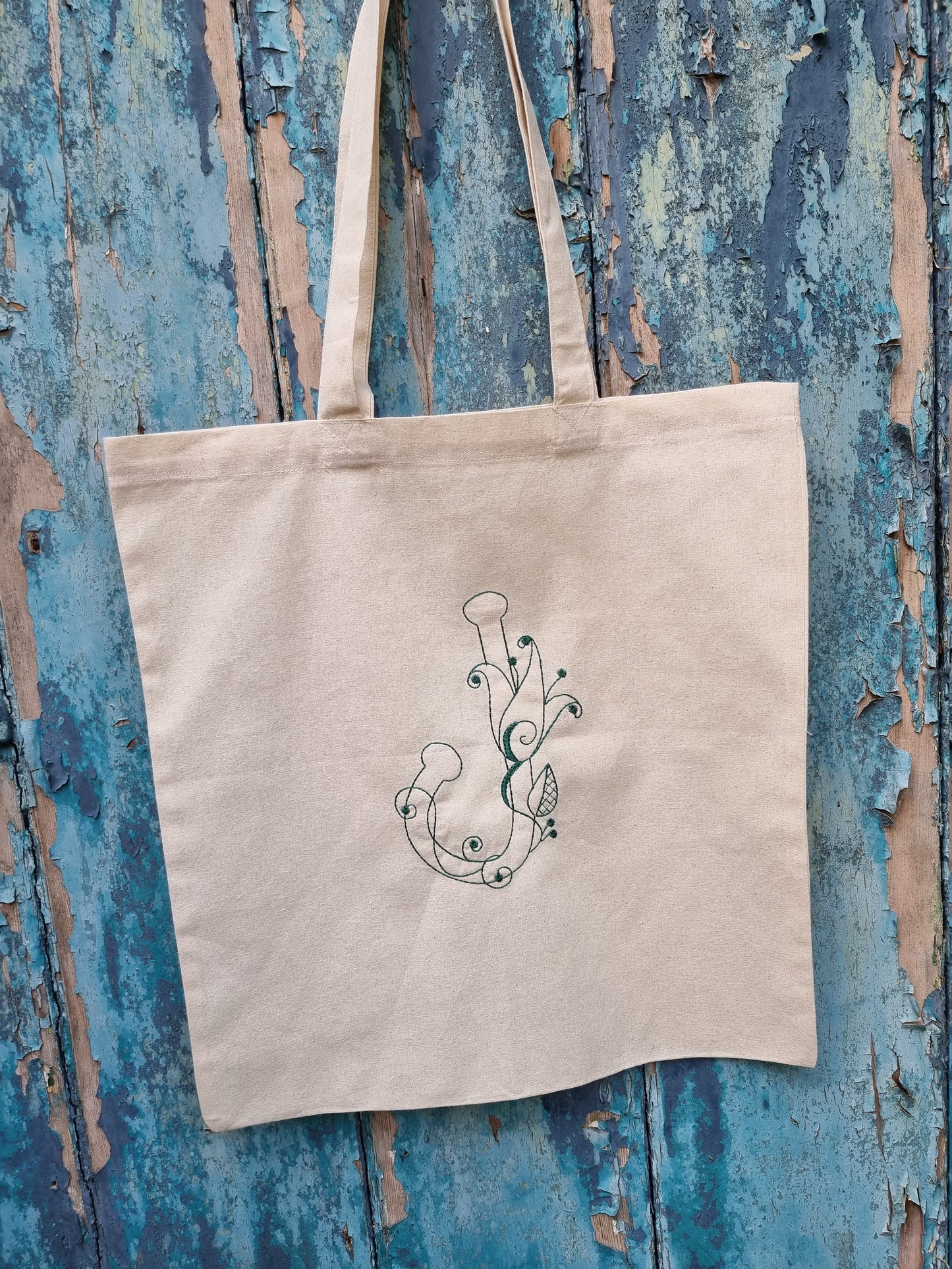 Ditsy Floral Line Art Initial Embroidered Natural Tote Bag