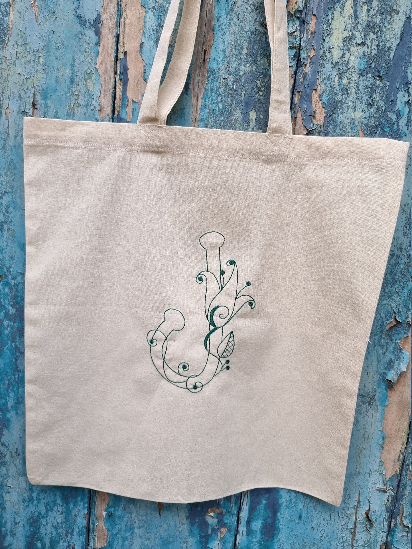 Ditsy Floral Line Art Initial Embroidered Natural Tote Bag