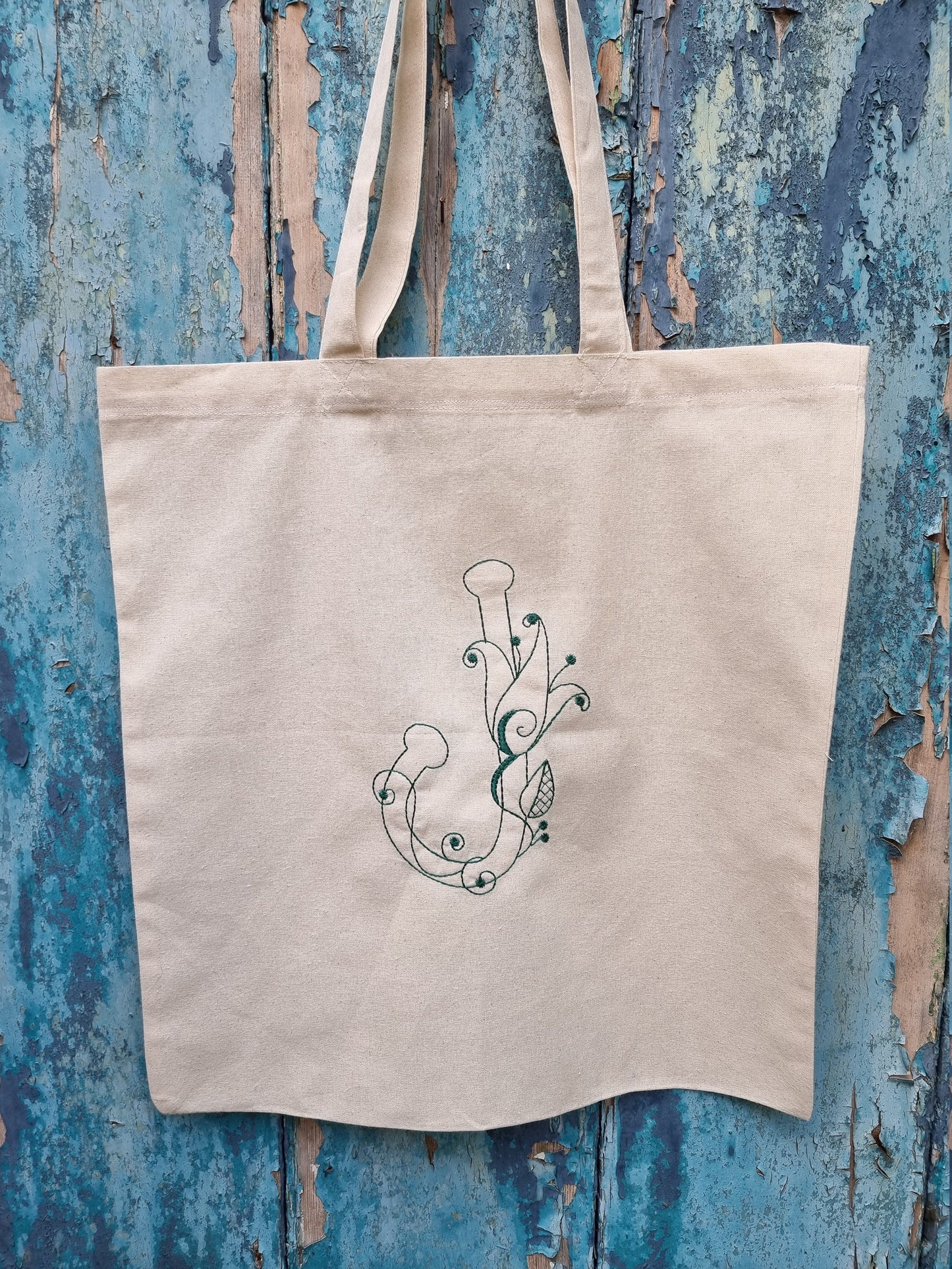 Ditsy Floral Line Art Initial Embroidered Natural Tote Bag