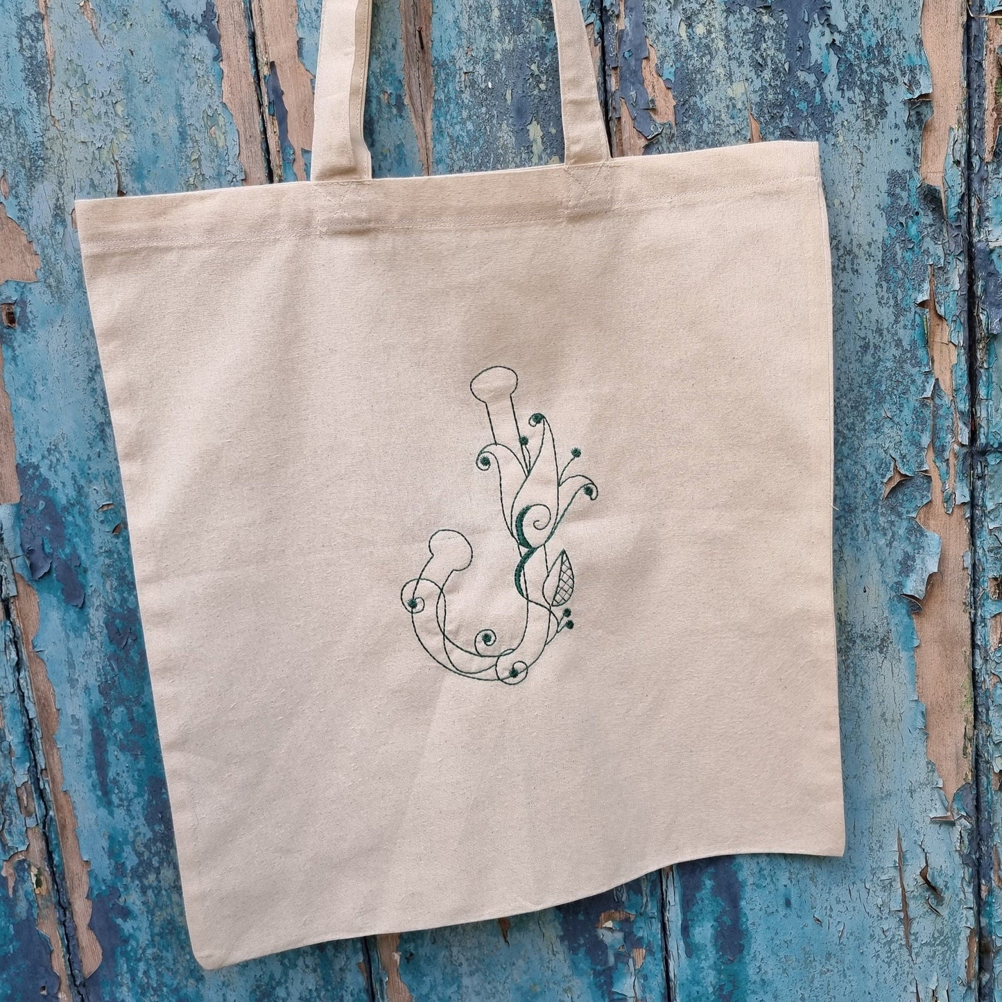 Ditsy Floral Line Art Initial Embroidered Natural Tote Bag