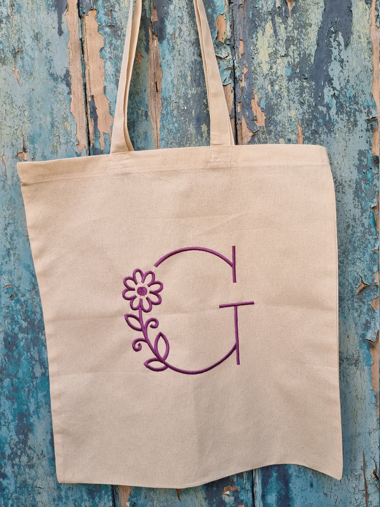 Bold But Simple Floral Initial Embroidered Natural Tote Bag