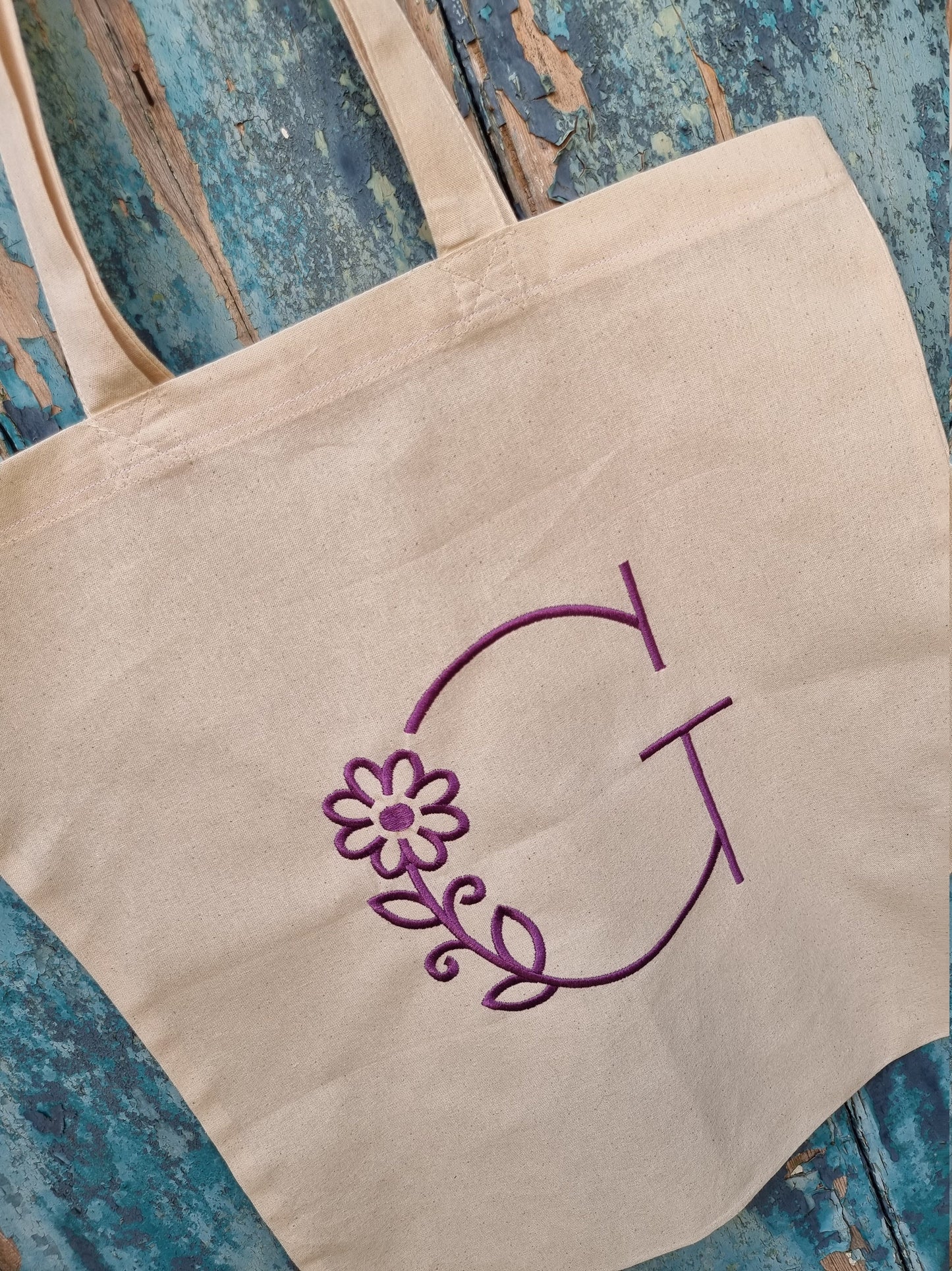 Bold But Simple Floral Initial Embroidered Natural Tote Bag