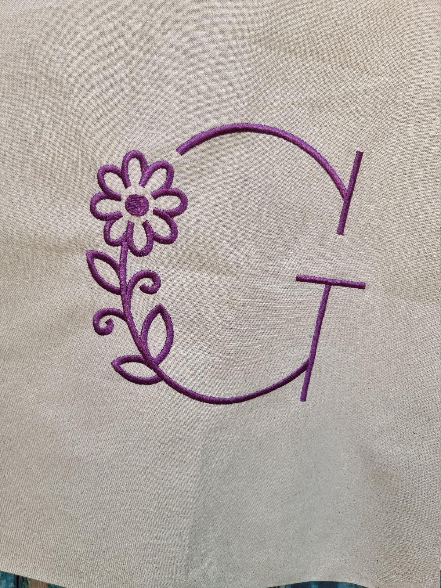 Bold But Simple Floral Initial Embroidered Natural Tote Bag