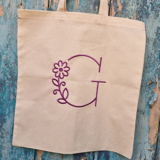 Bold But Simple Floral Initial Embroidered Natural Tote Bag