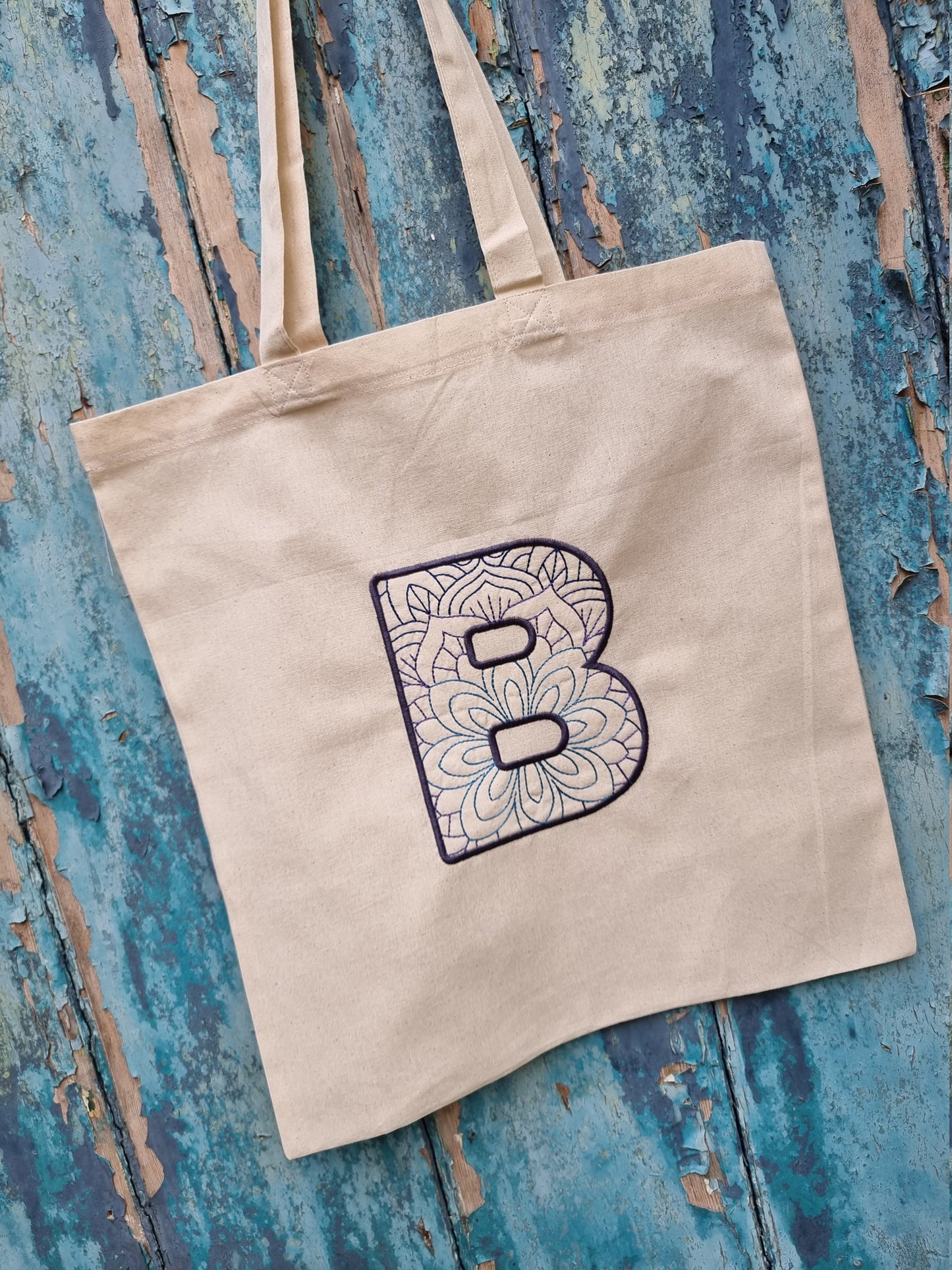 Bold Mandala Initial Monogram Embroidered Natural Tote Bag