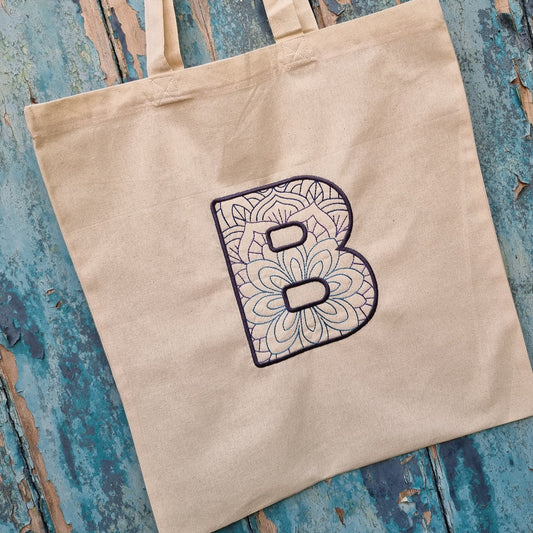 Bold Mandala Initial Monogram Embroidered Natural Tote Bag