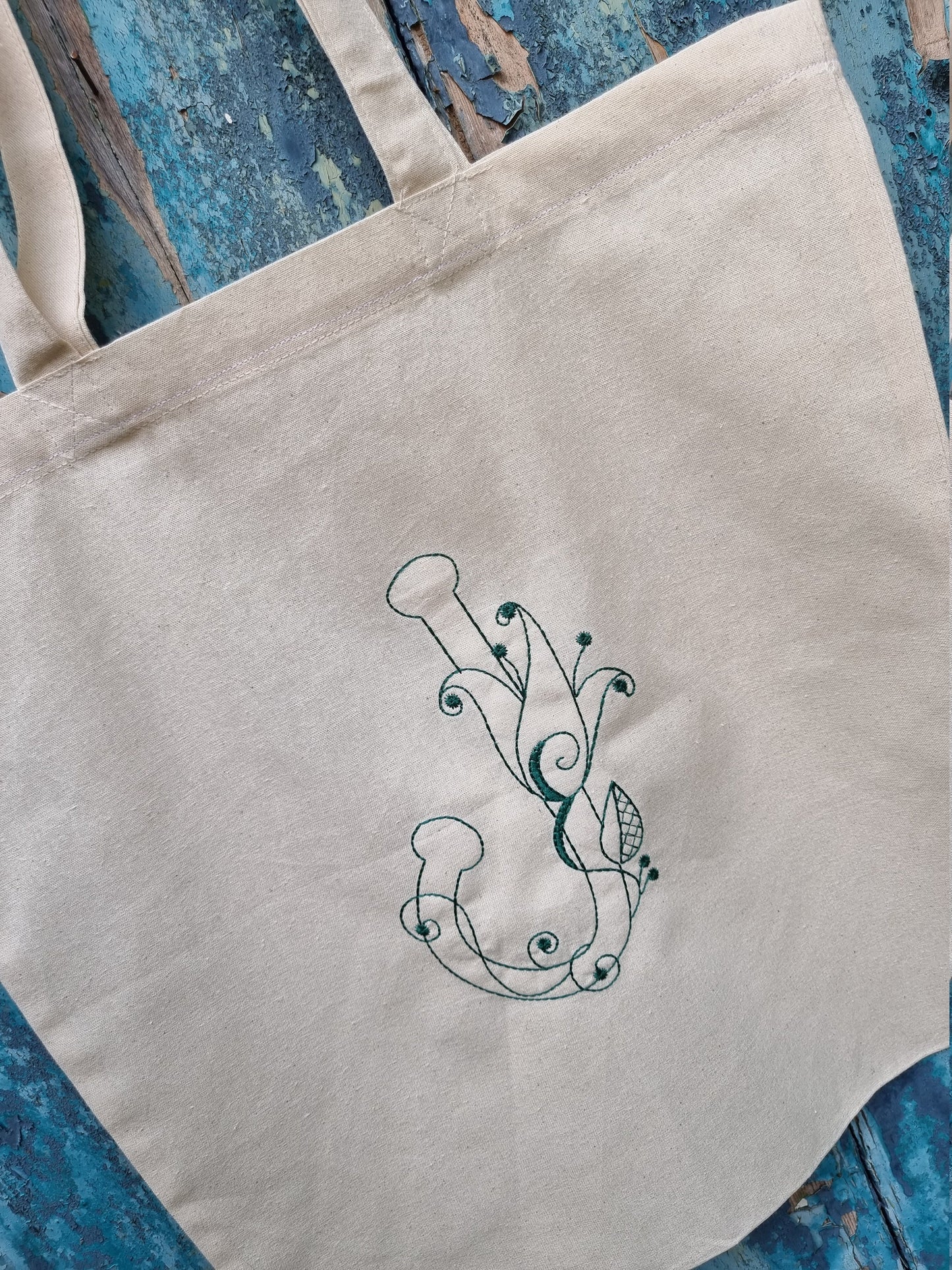 Ditsy Floral Line Art Initial Embroidered Natural Tote Bag