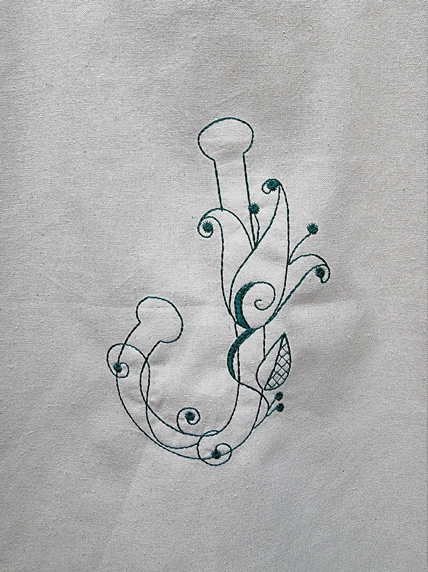 Ditsy Floral Line Art Initial Embroidered Natural Tote Bag