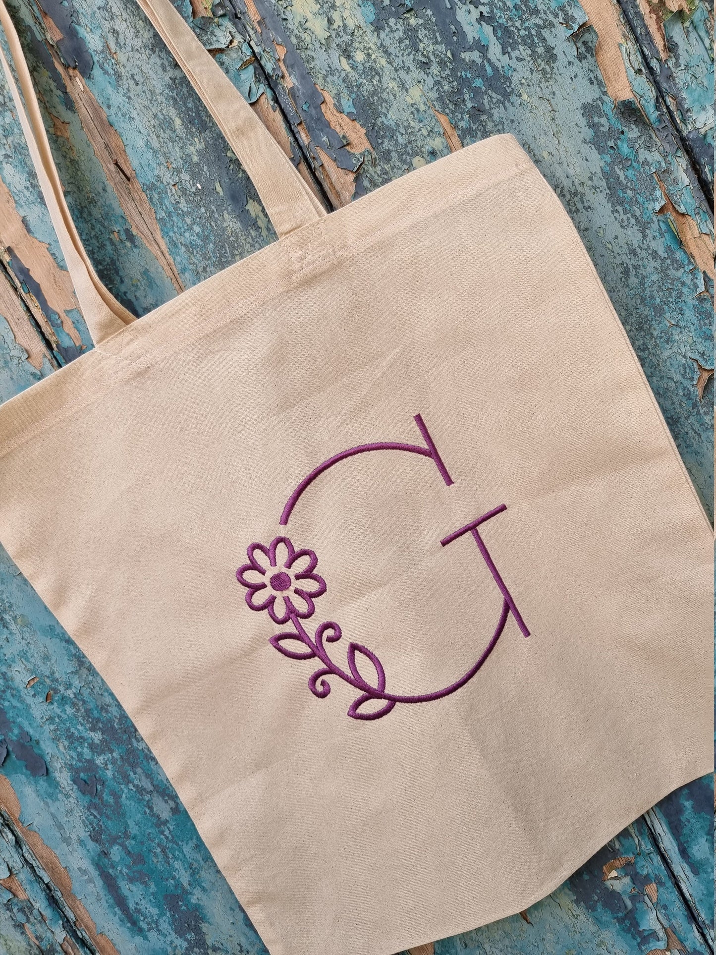 Bold But Simple Floral Initial Embroidered Natural Tote Bag