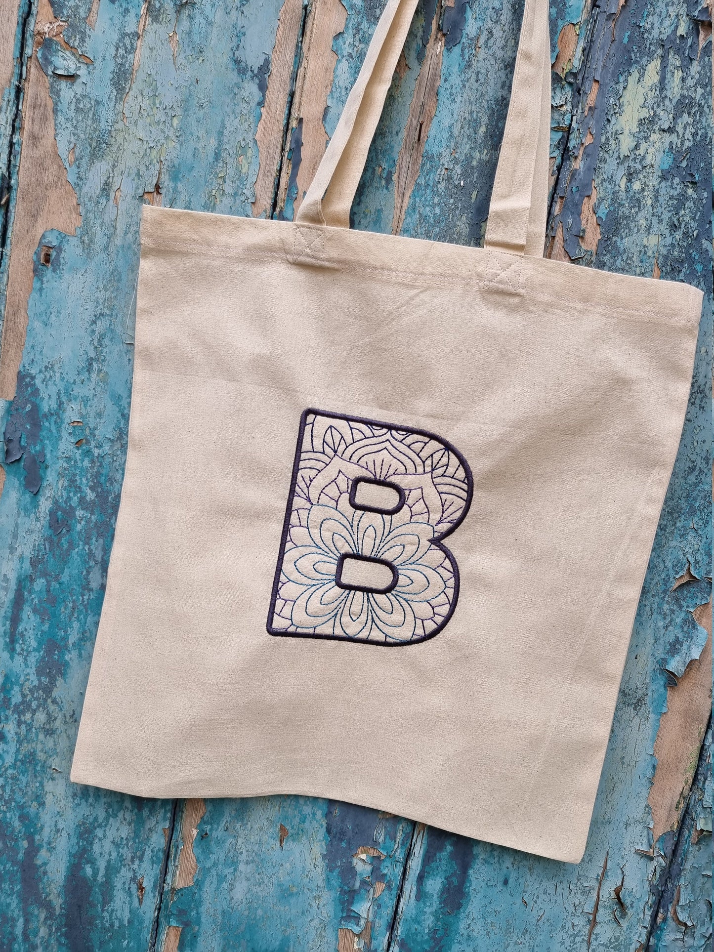 Bold Mandala Initial Monogram Embroidered Natural Tote Bag