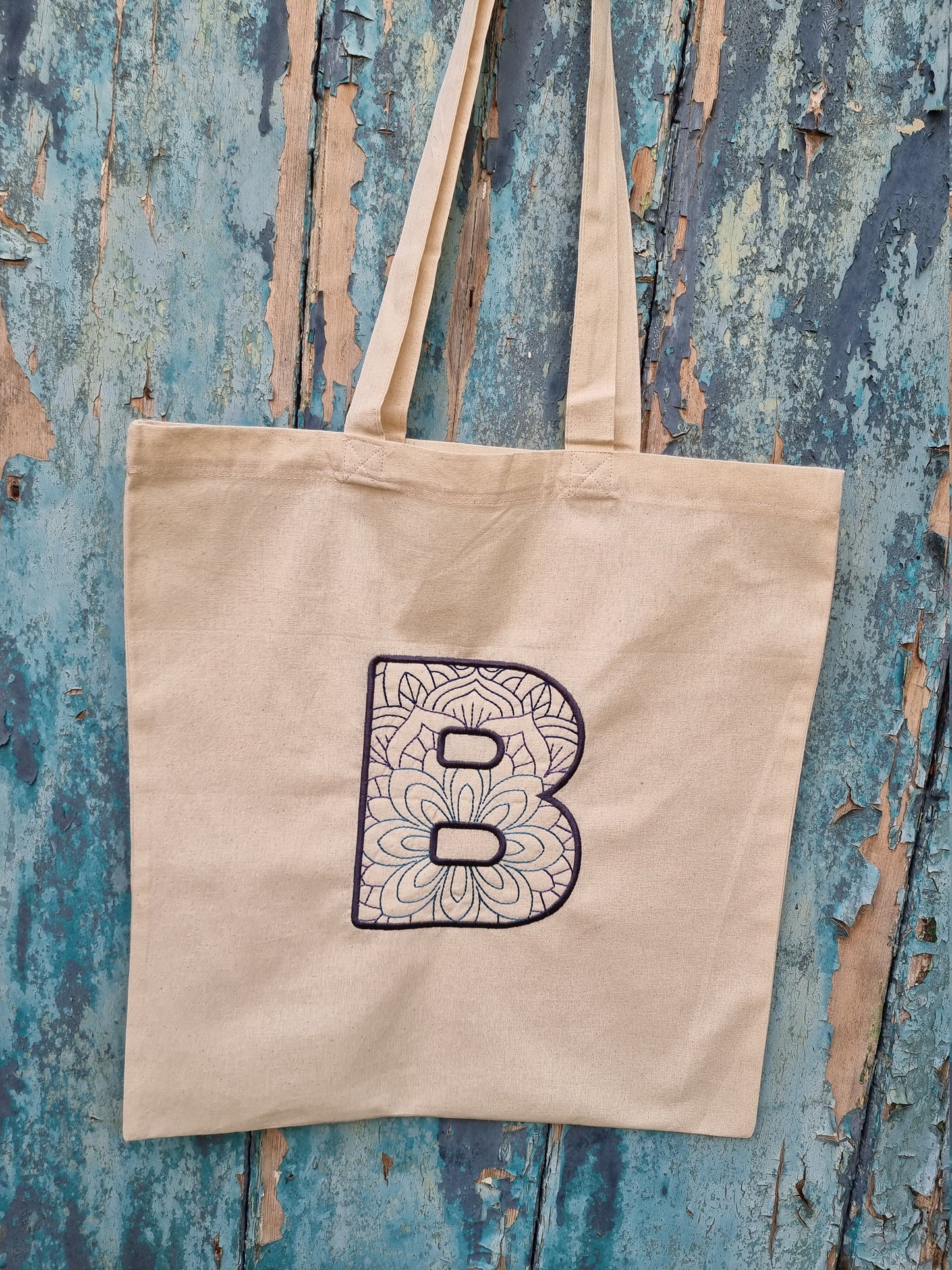 Bold Mandala Initial Monogram Embroidered Natural Tote Bag