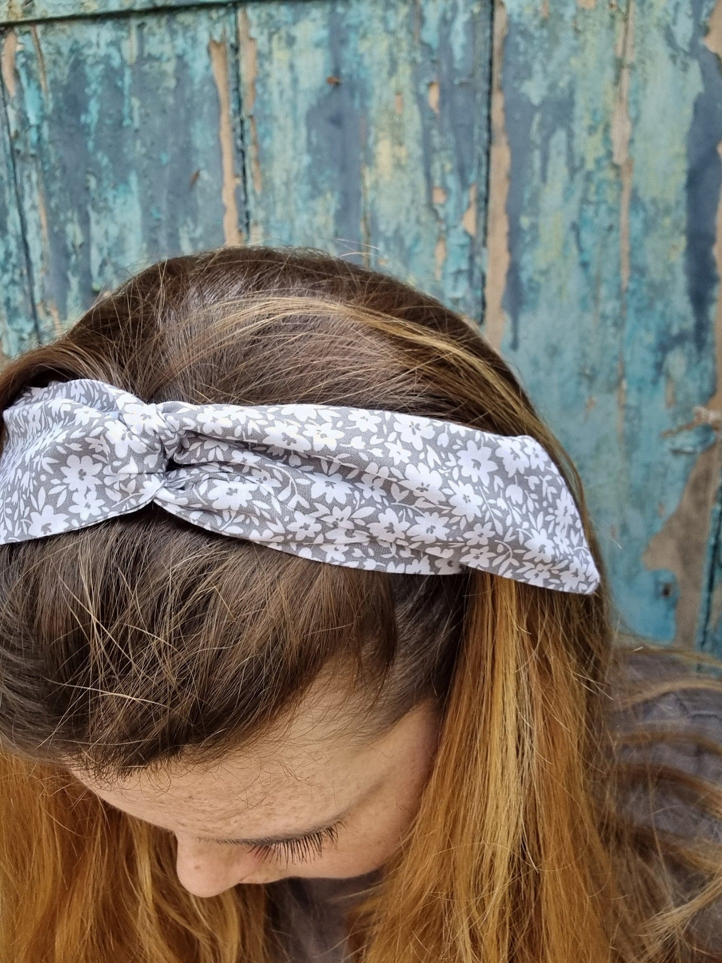 Grey and White Floral Wired Headband