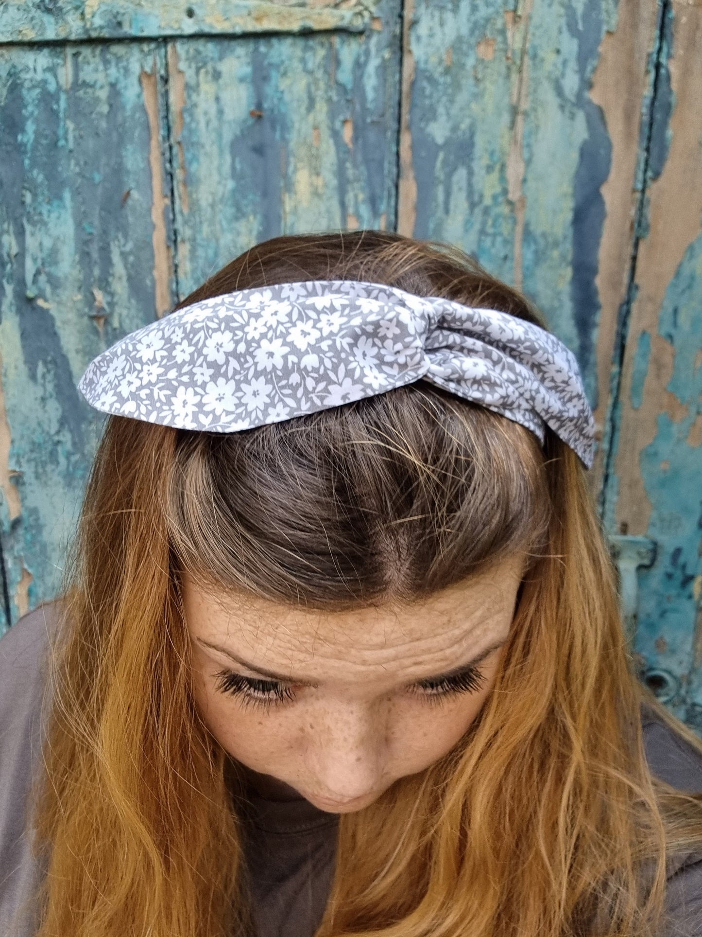 Grey and White Floral Wired Headband