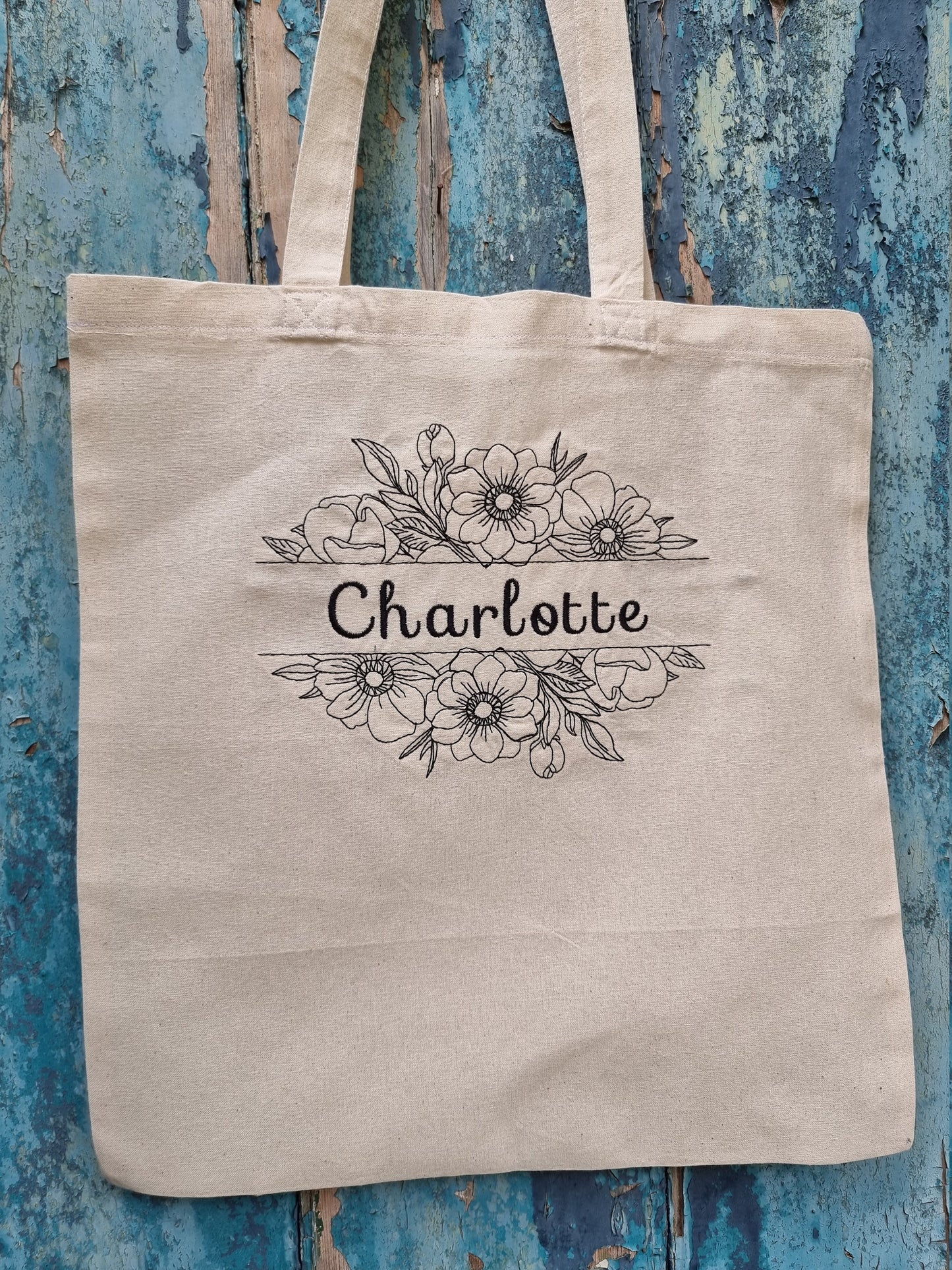 Floral Split Line Art Embroidered Tote Bag