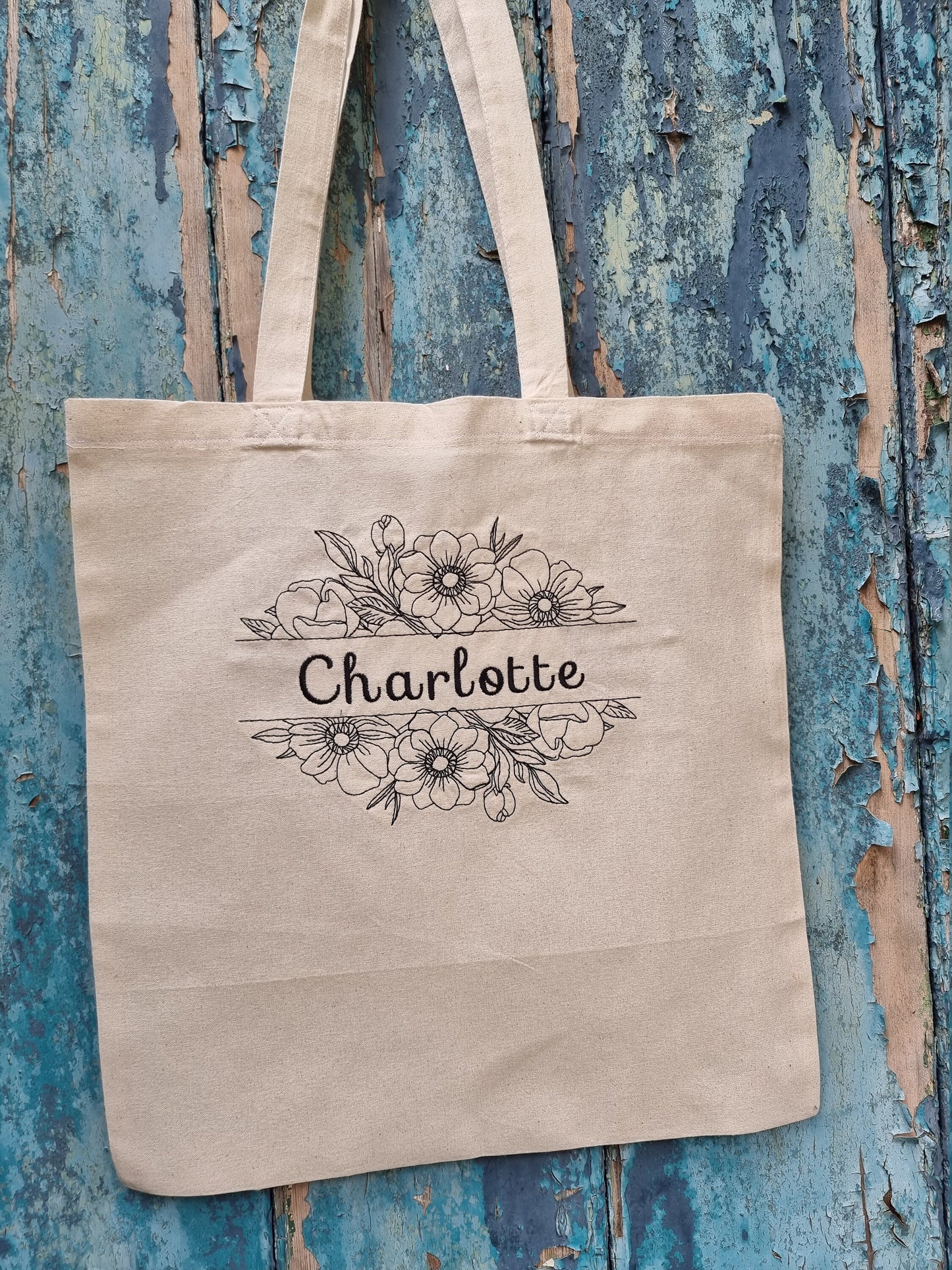 Floral Split Line Art Embroidered Tote Bag