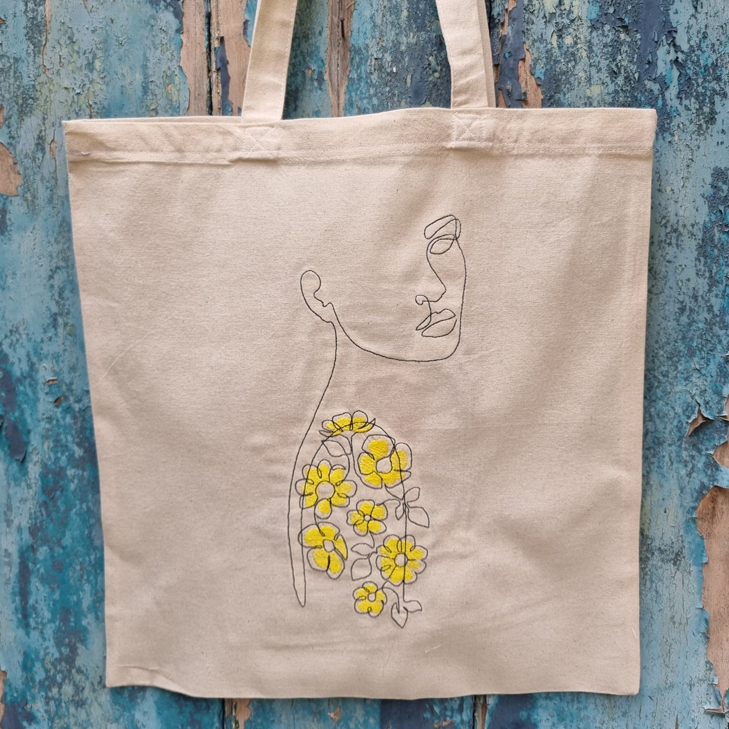 Line Art Lady With Flower Tattoo Embroidered Tote Bag