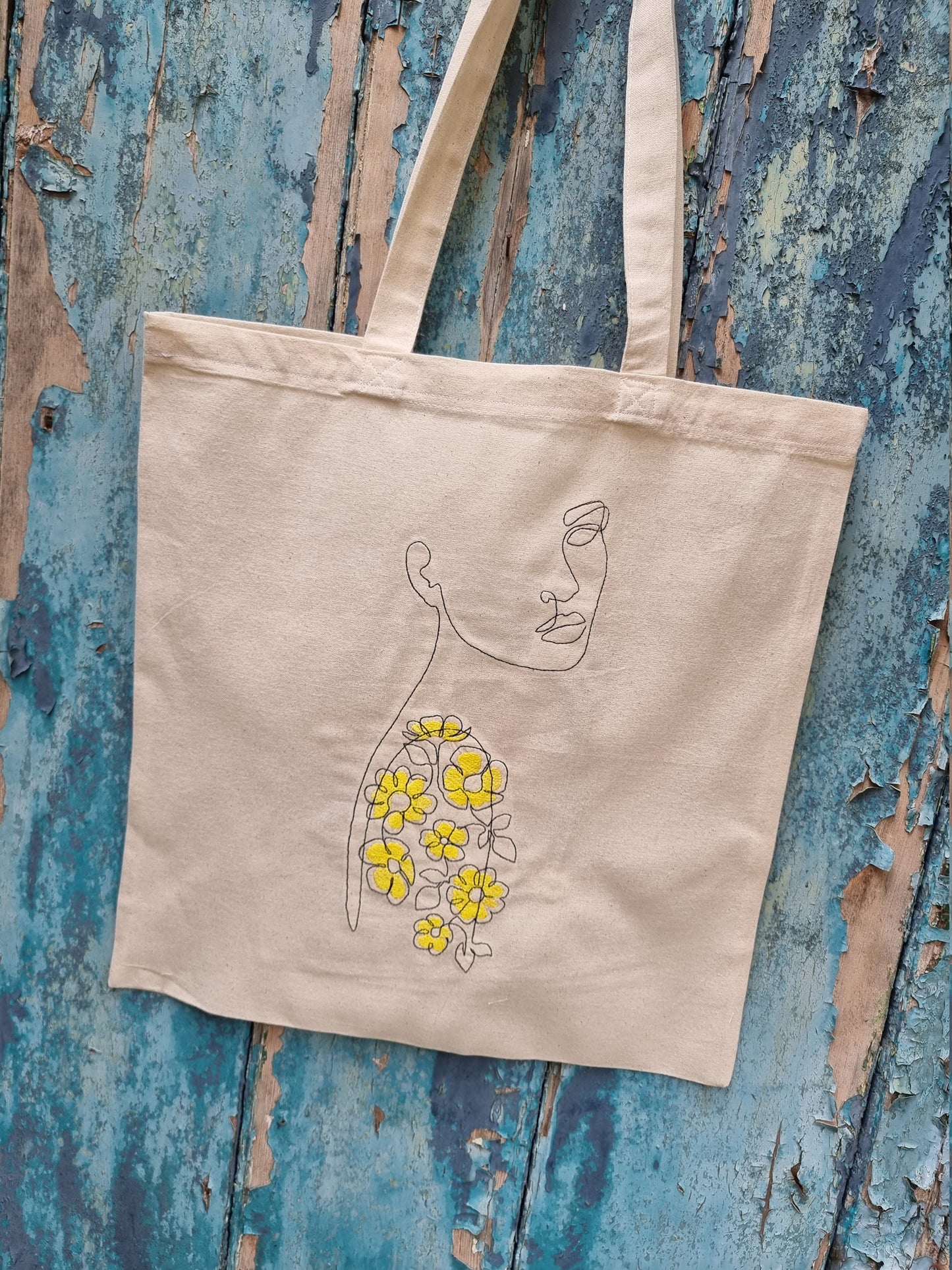 Line Art Lady With Flower Tattoo Embroidered Tote Bag