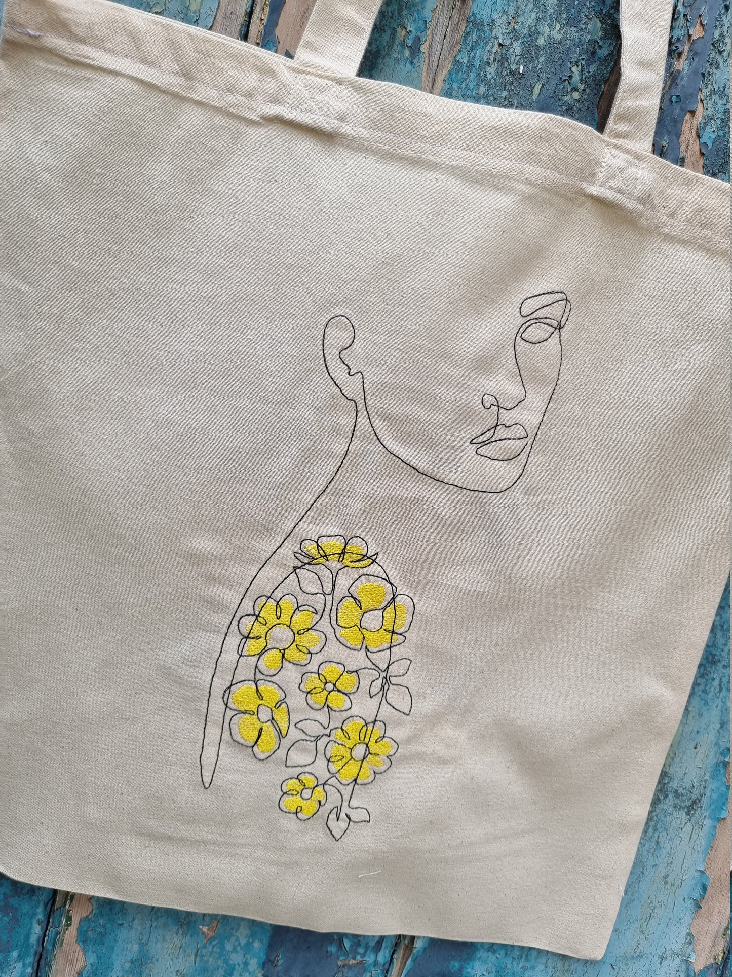 Line Art Lady With Flower Tattoo Embroidered Tote Bag