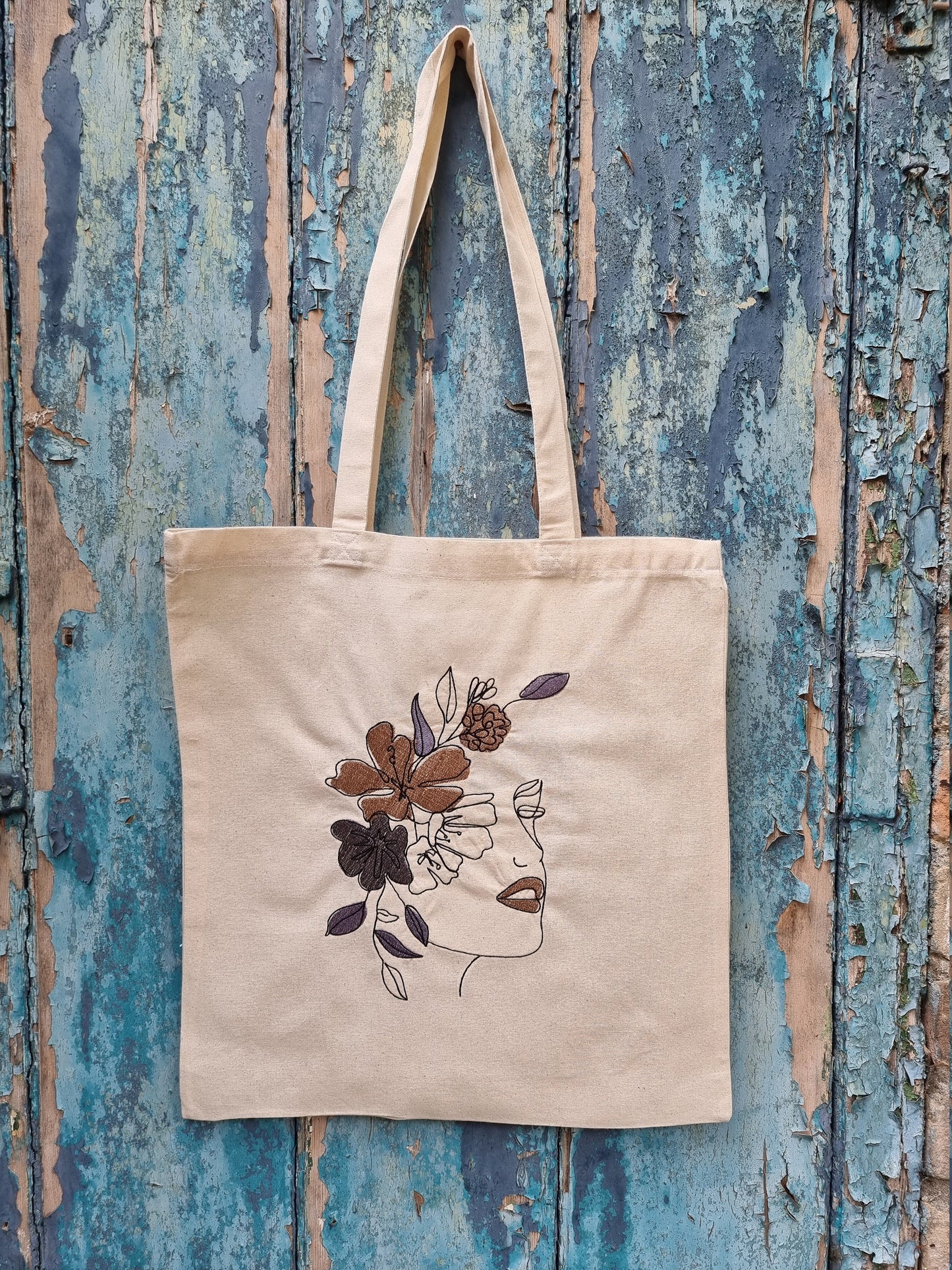 Line Art Lady With Coloured Floral Headband Embroidered Tote Bag