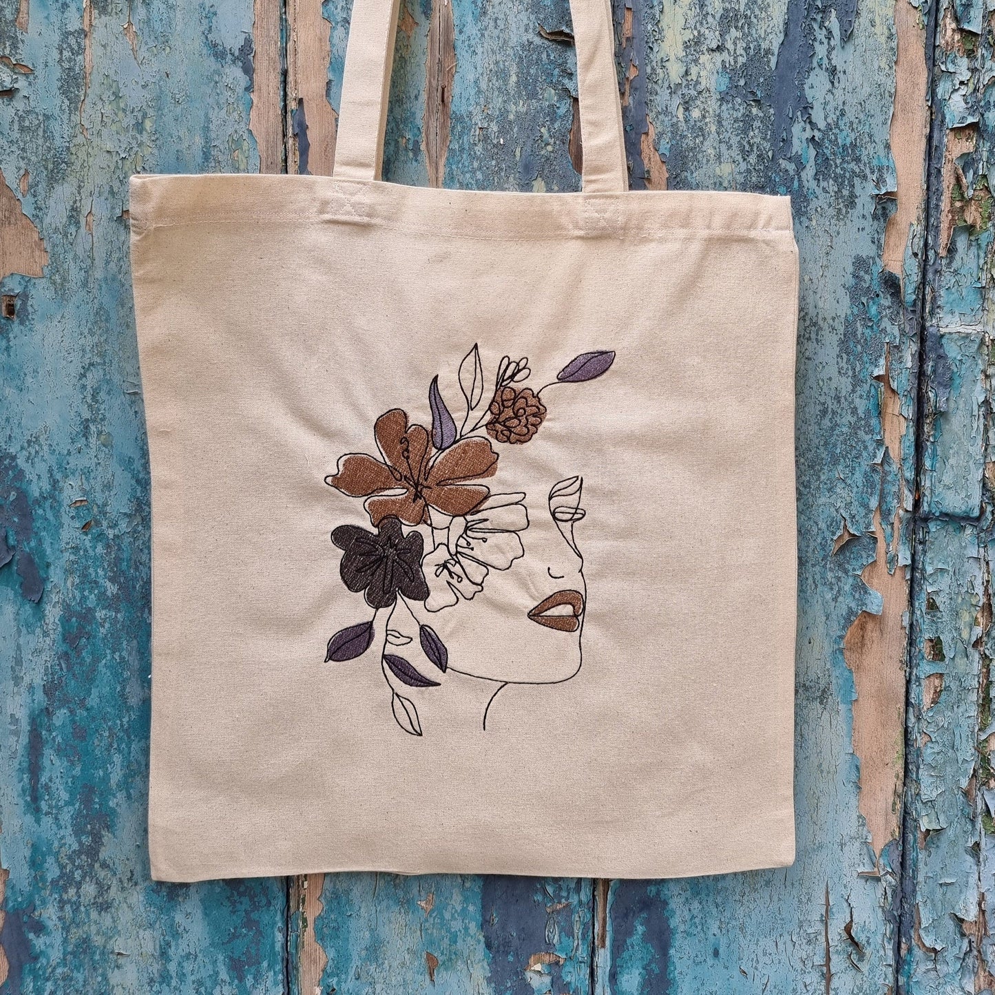 Line Art Lady With Coloured Floral Headband Embroidered Tote Bag