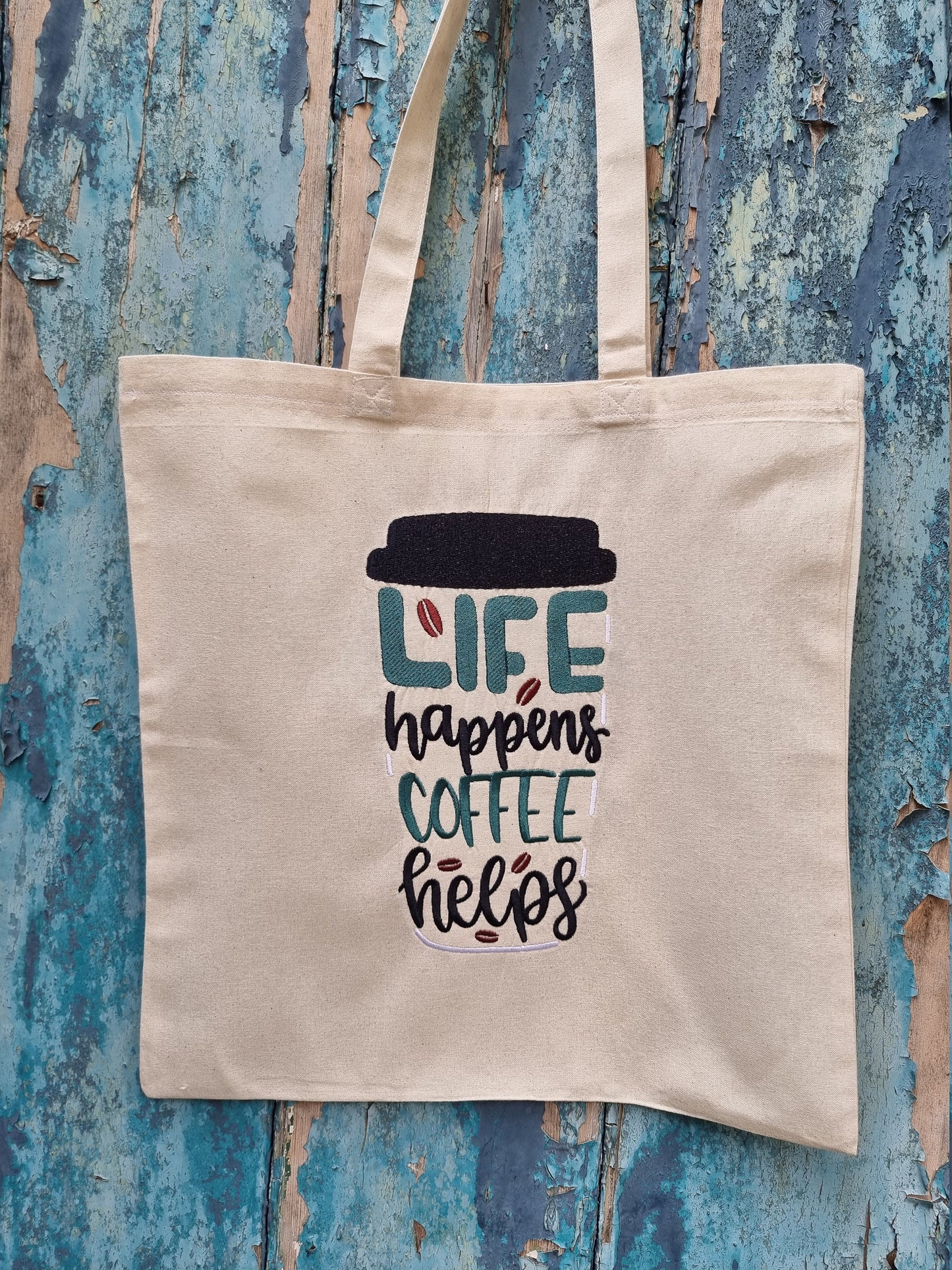 Life Happens Coffee Helps Embroidered Tote Bag