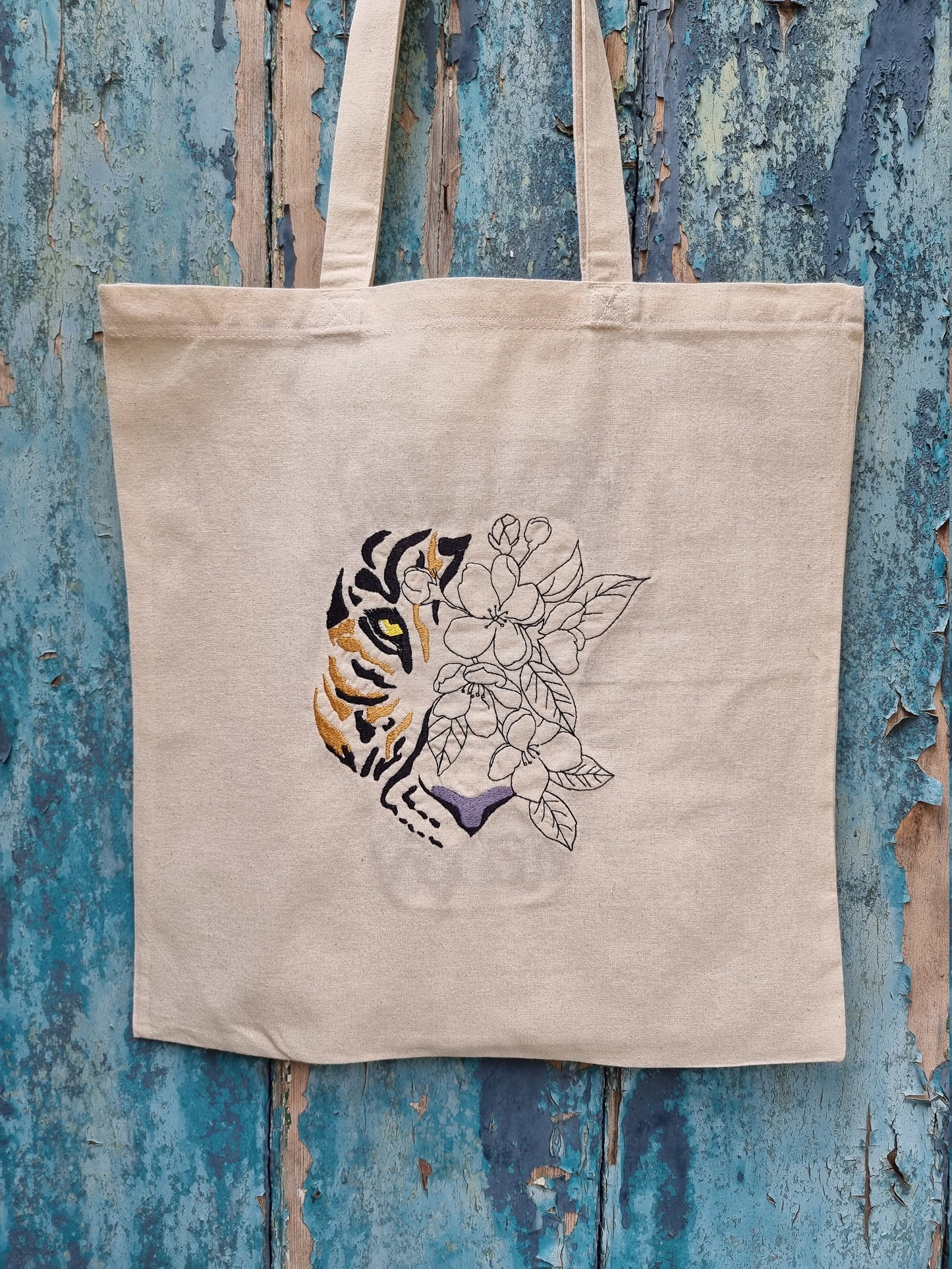 Floral Tiger Embroidered Tote Bag