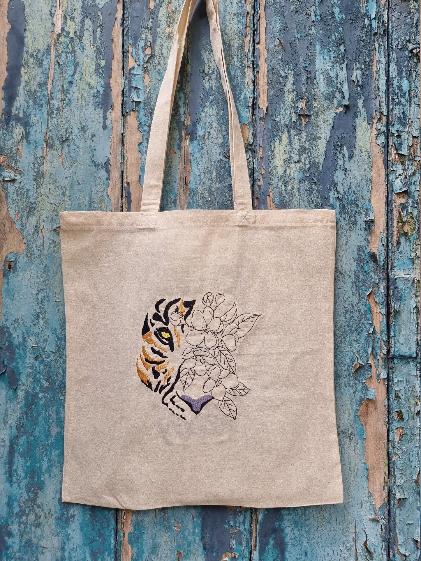 Floral Tiger Embroidered Tote Bag