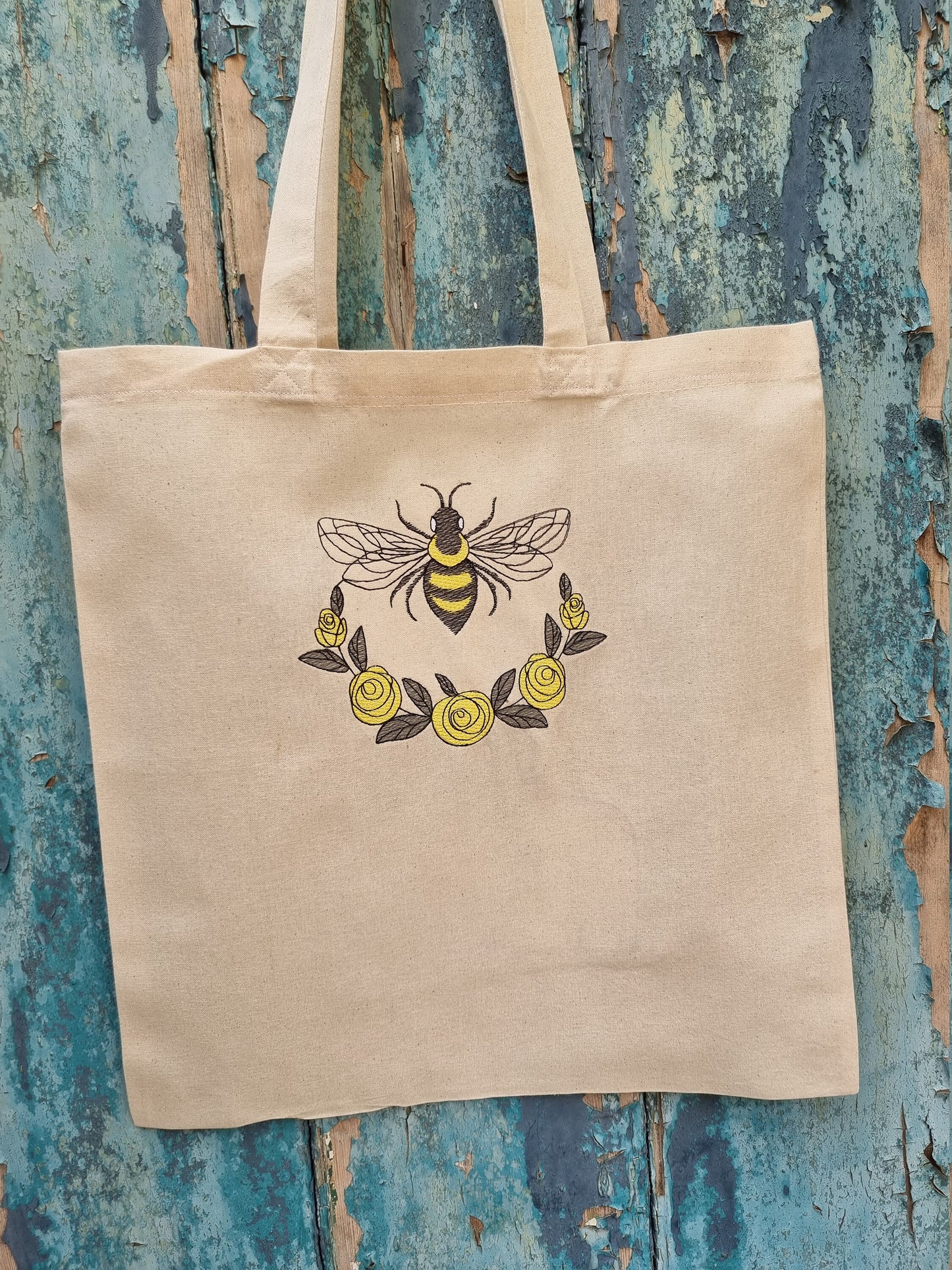 Sketched Bumble Bee Emblem Embroidered Tote Bag