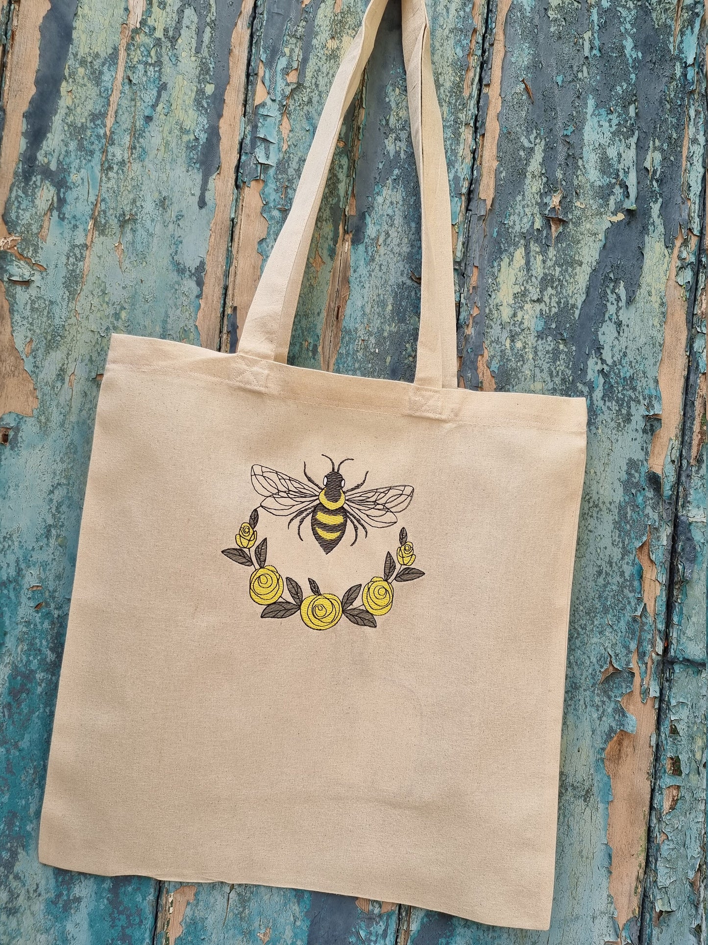 Sketched Bumble Bee Emblem Embroidered Tote Bag