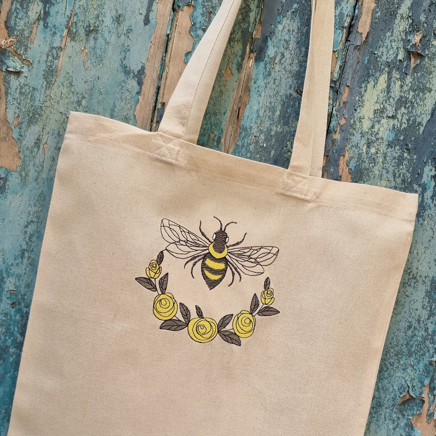 Sketched Bumble Bee Emblem Embroidered Tote Bag