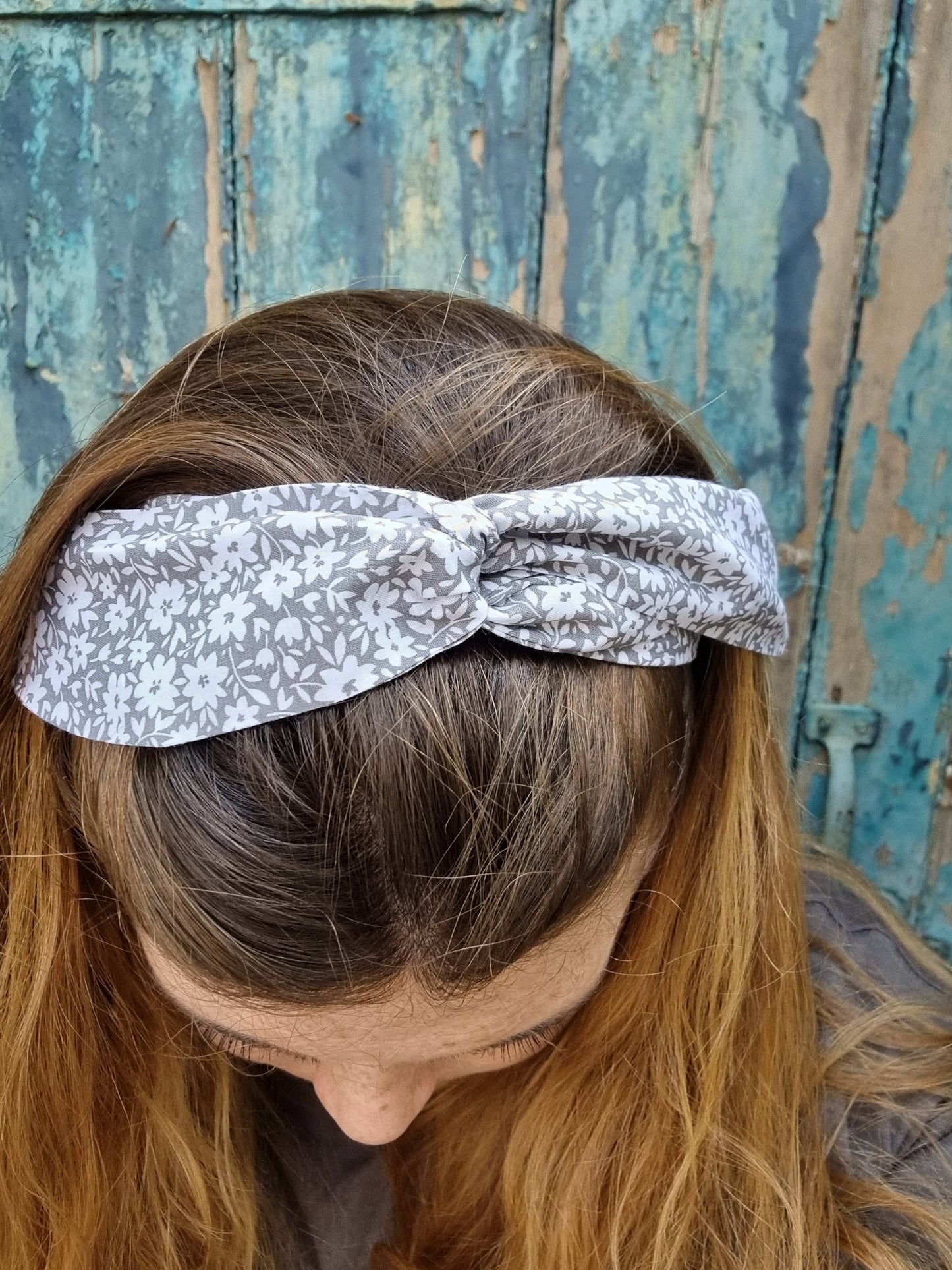 Grey and White Floral Wired Headband