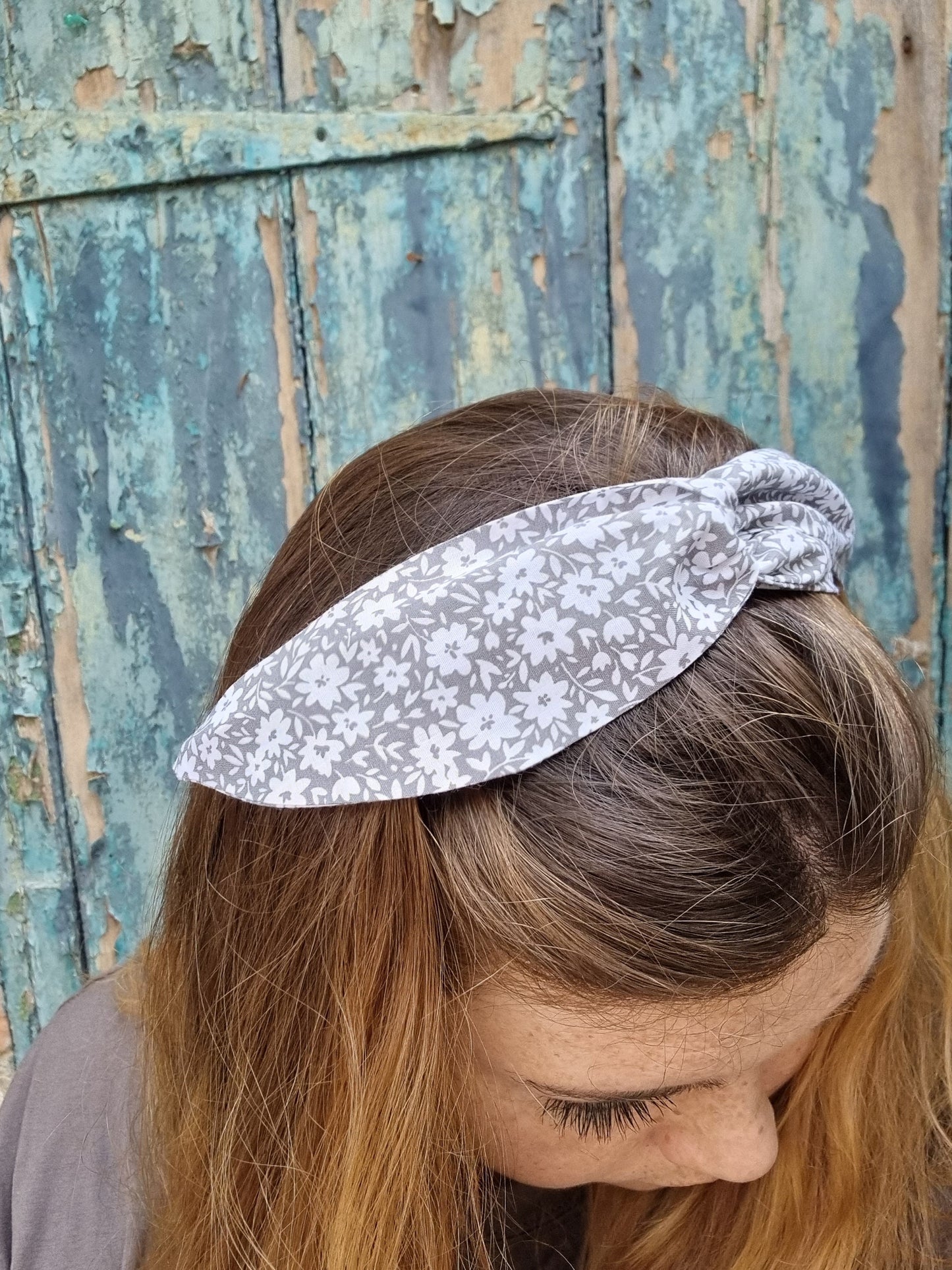 Grey and White Floral Wired Headband