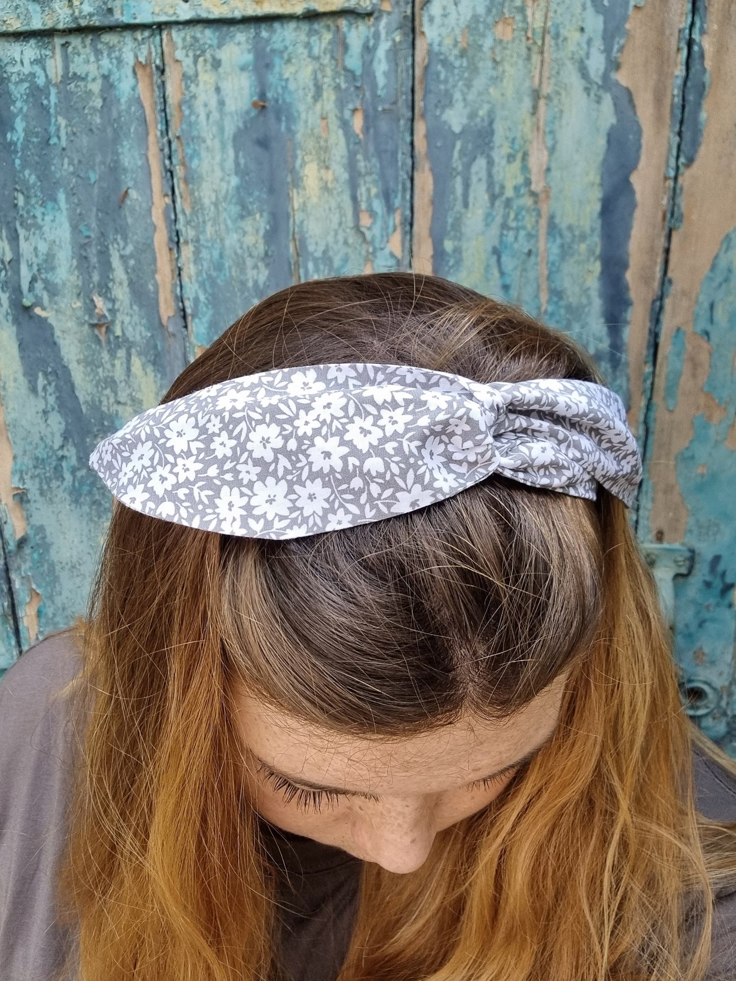 Grey and White Floral Wired Headband