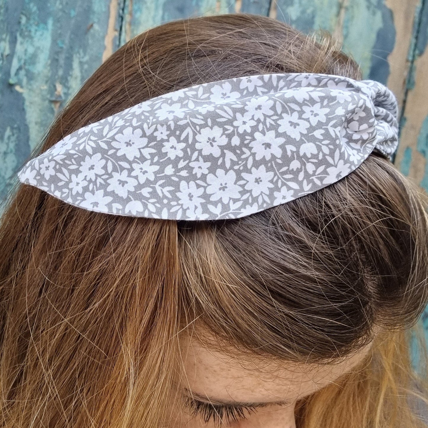 Grey and White Floral Wired Headband