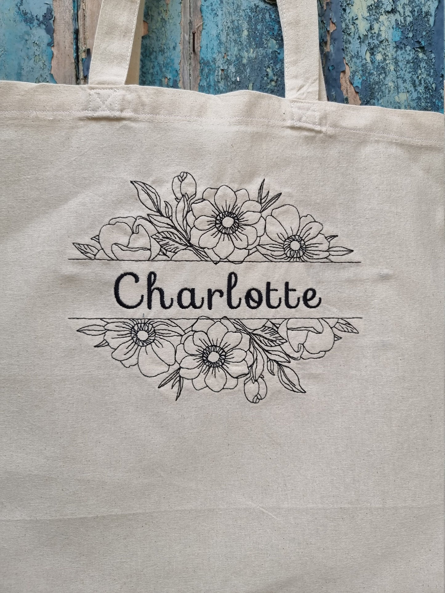 Floral Split Line Art Embroidered Tote Bag