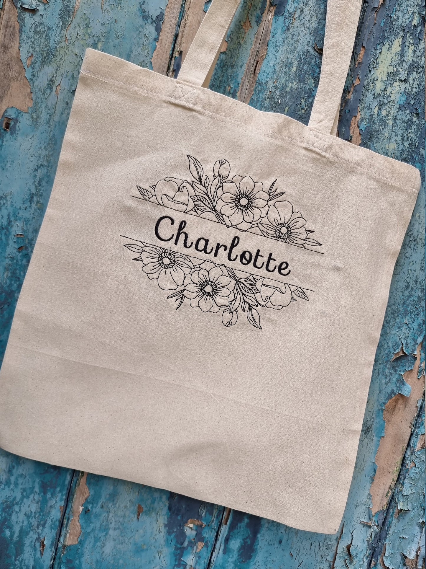 Floral Split Line Art Embroidered Tote Bag