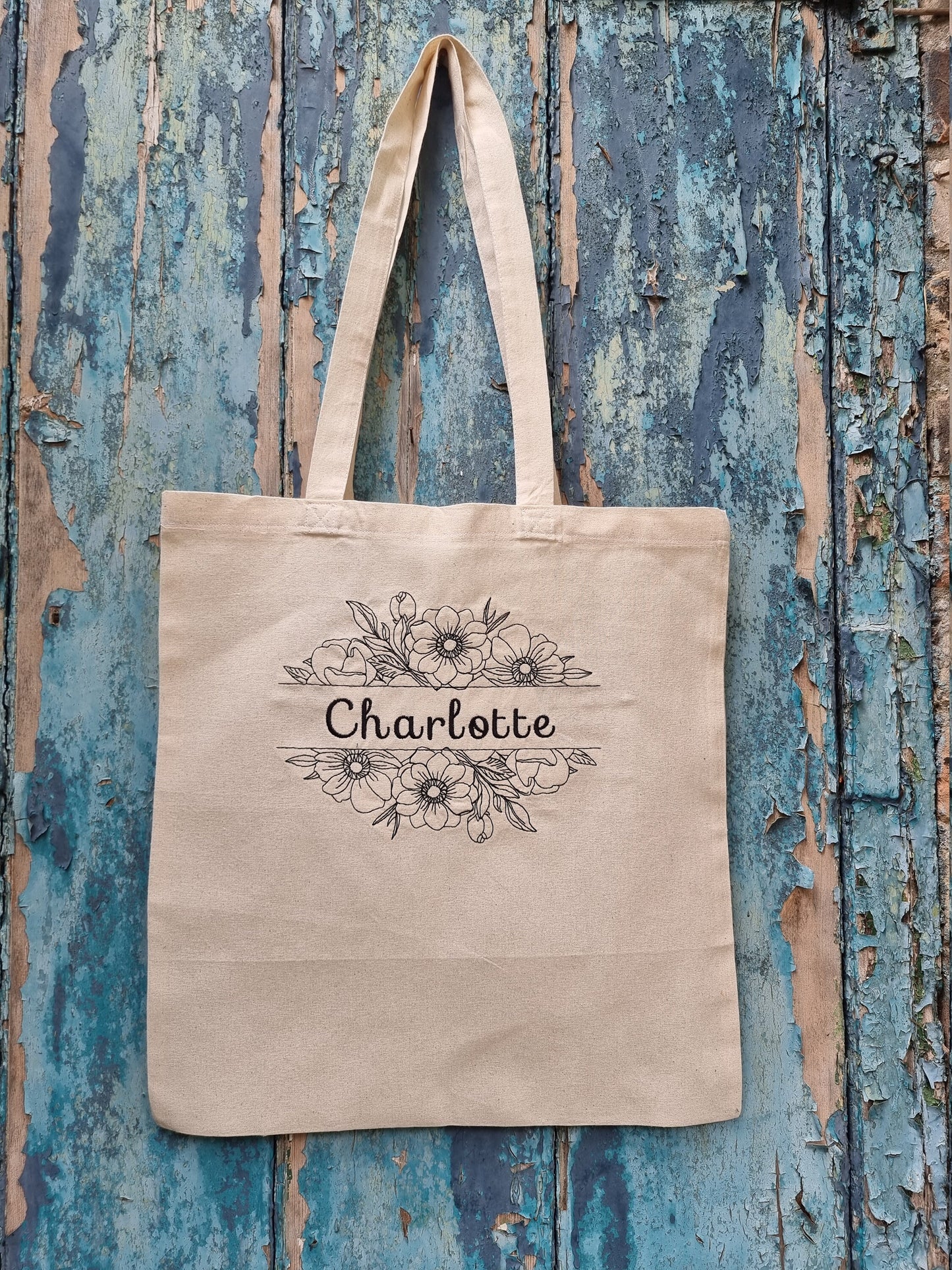 Floral Split Line Art Embroidered Tote Bag