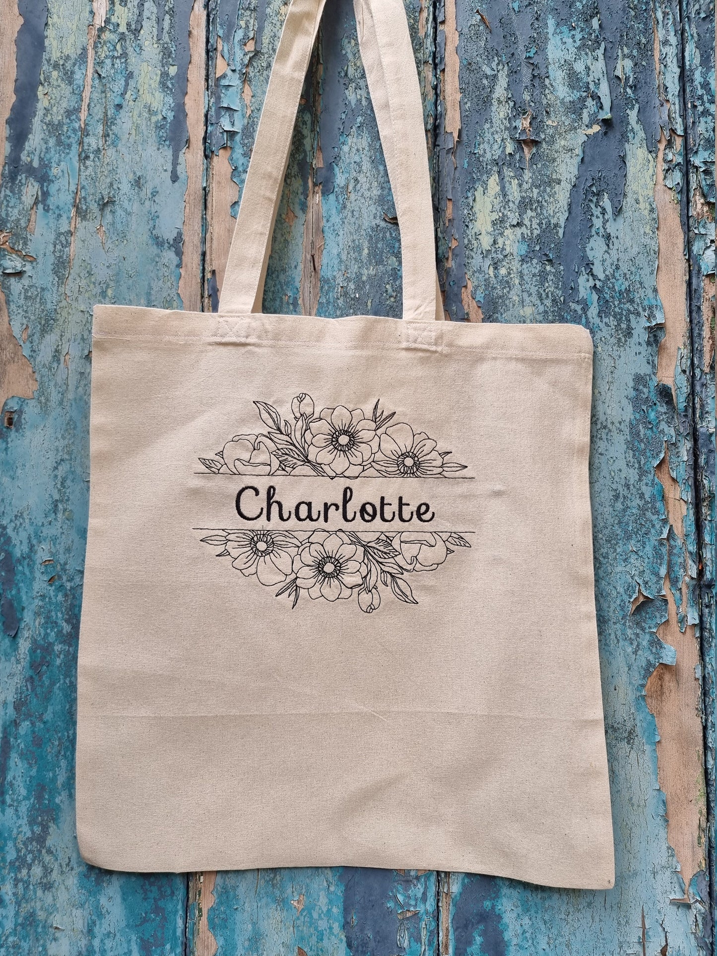 Floral Split Line Art Embroidered Tote Bag