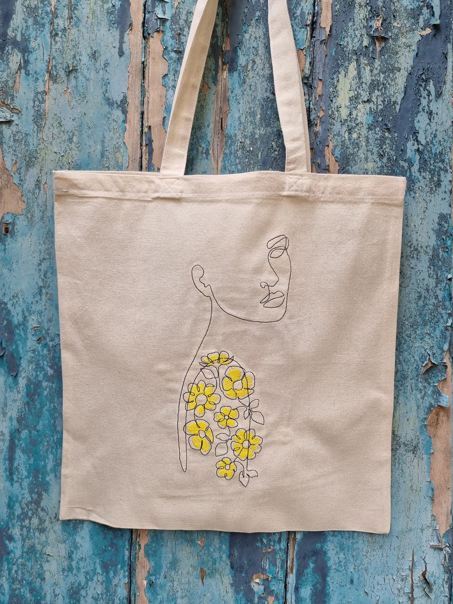 Line Art Lady With Flower Tattoo Embroidered Tote Bag