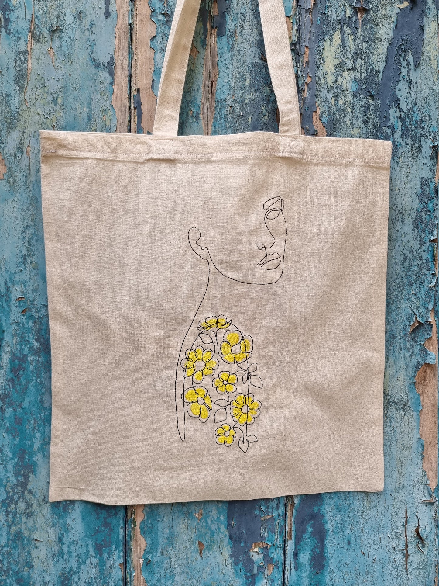 Line Art Lady With Flower Tattoo Embroidered Tote Bag