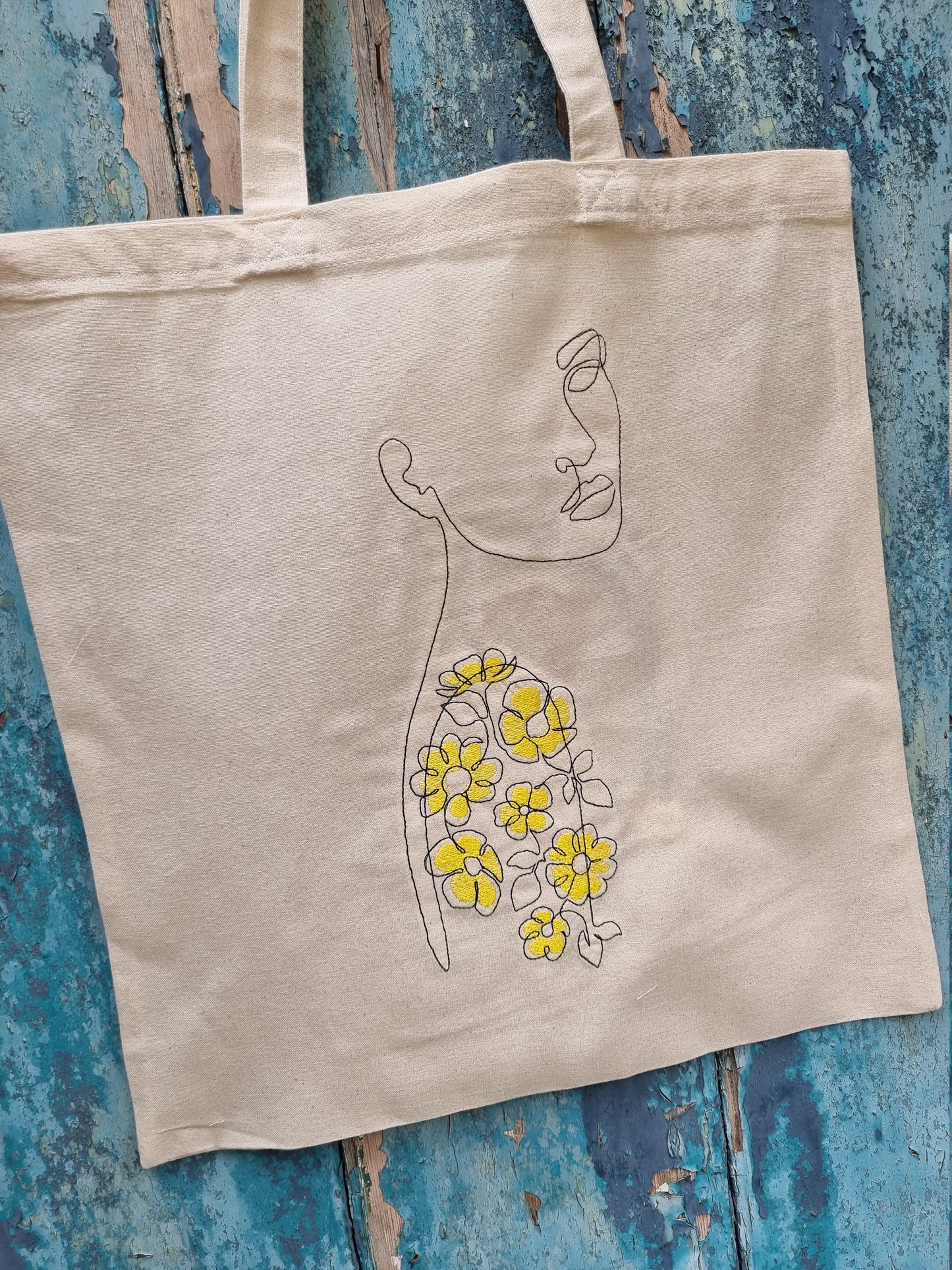 Line Art Lady With Flower Tattoo Embroidered Tote Bag