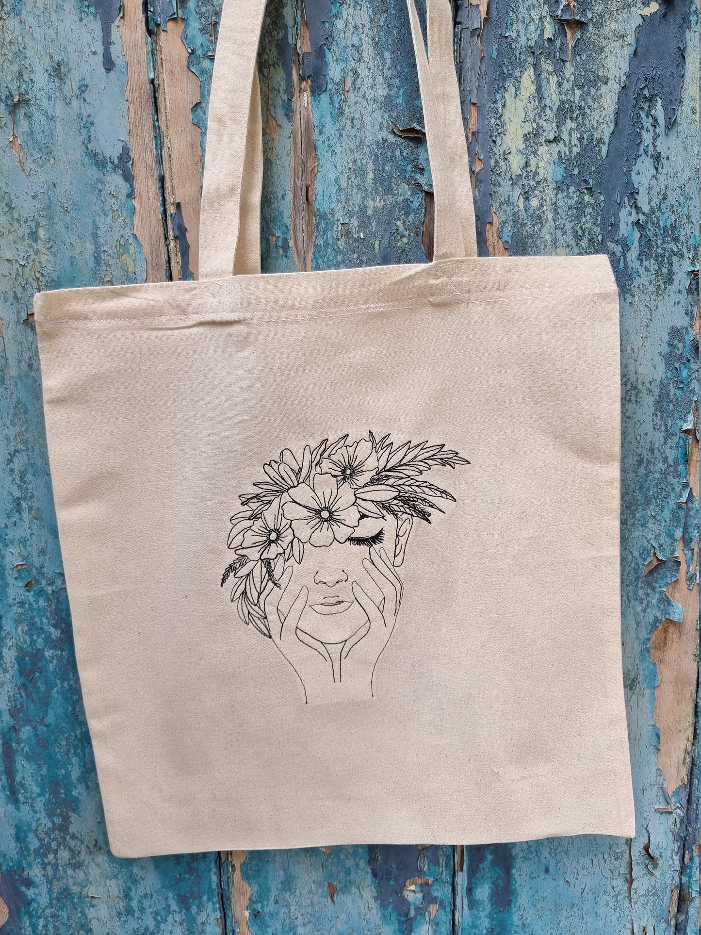 Line Art Lady With Flower Headband Embroidered Tote Bag