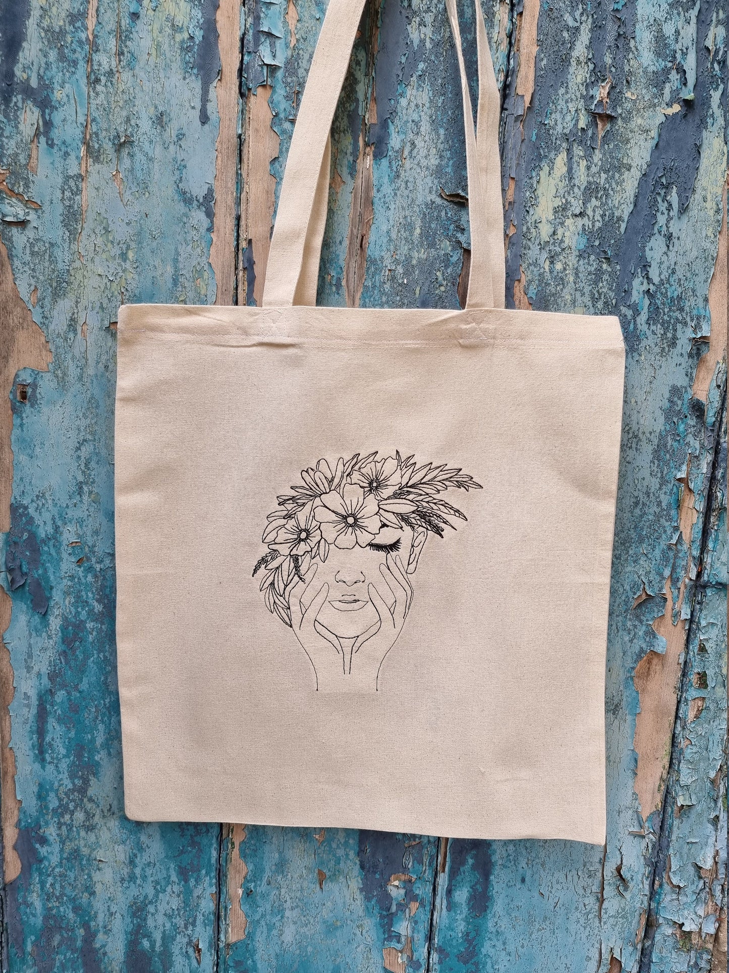 Line Art Lady With Flower Headband Embroidered Tote Bag