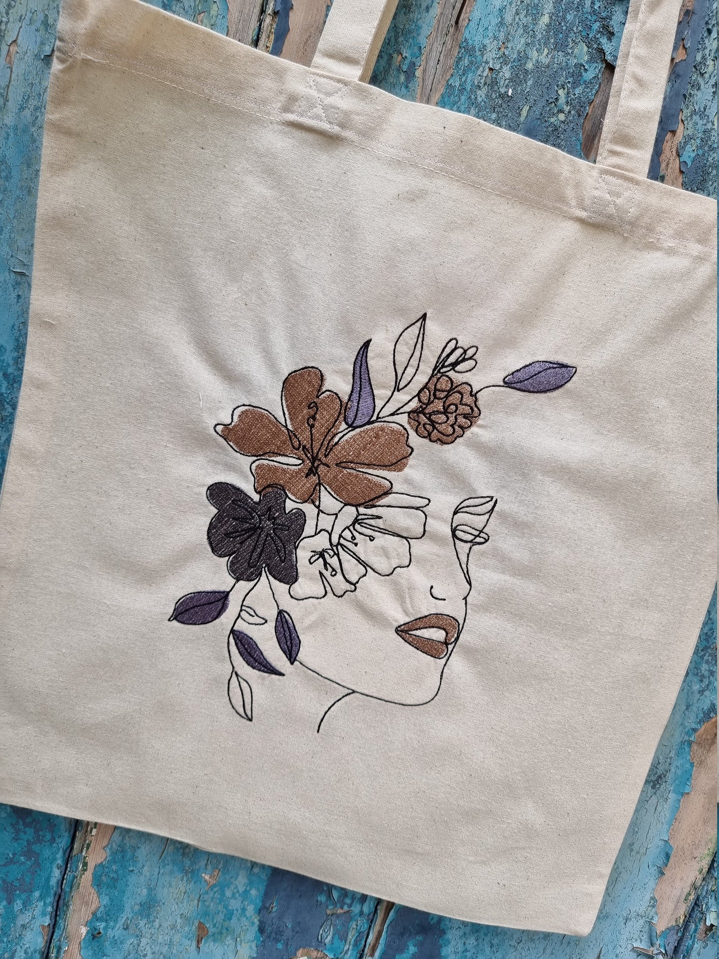 Line Art Lady With Coloured Floral Headband Embroidered Tote Bag