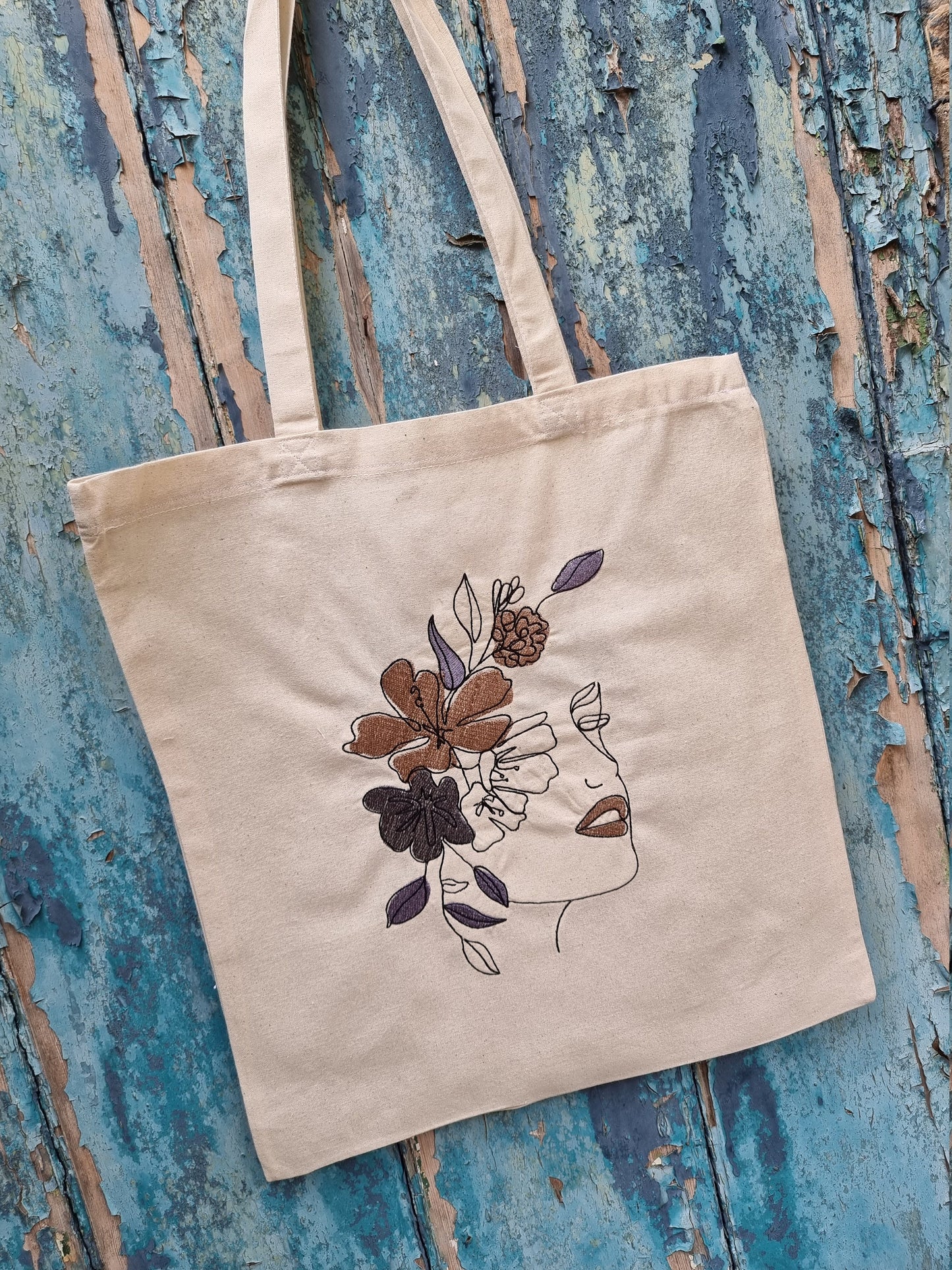 Line Art Lady With Coloured Floral Headband Embroidered Tote Bag