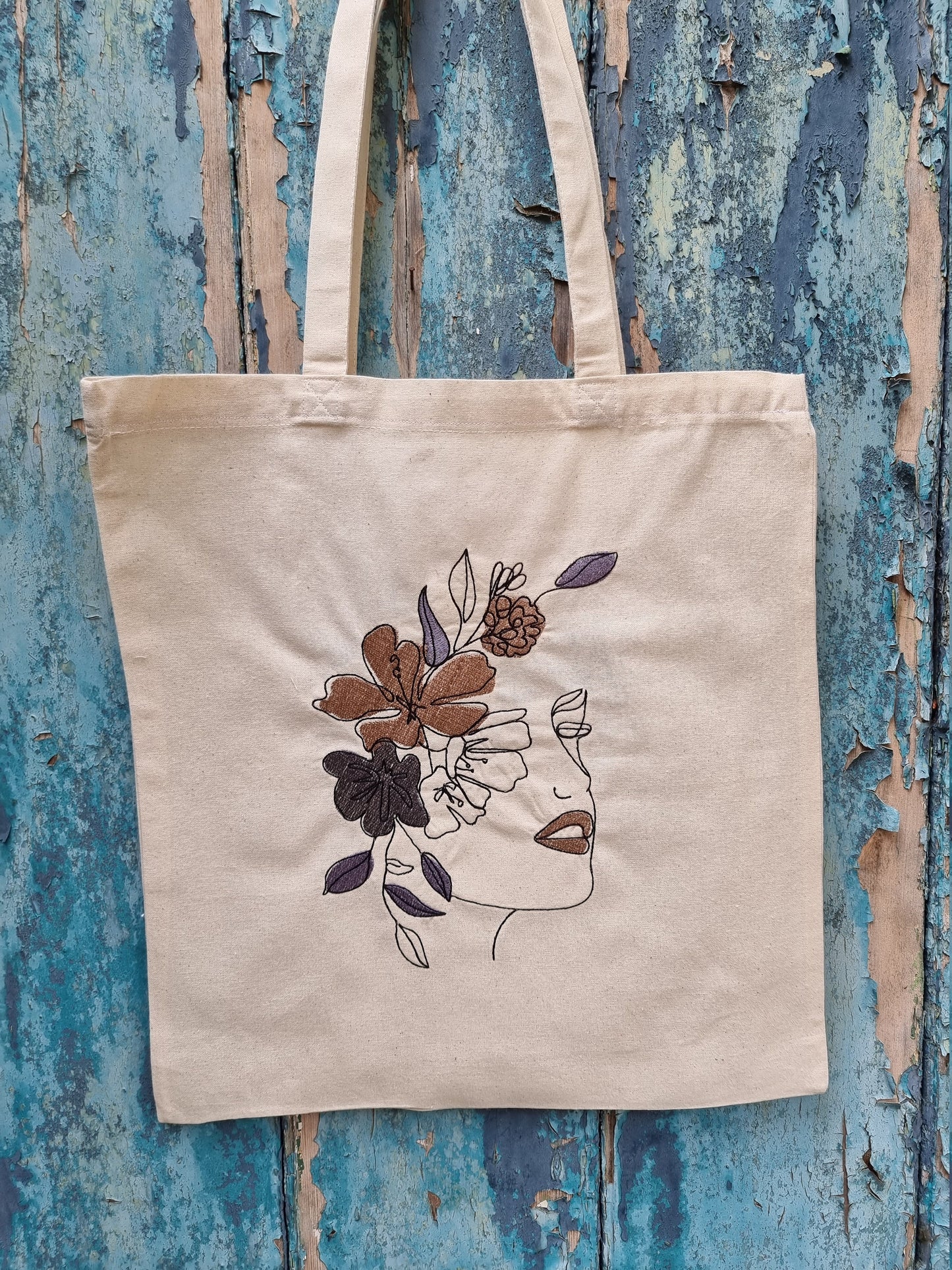 Line Art Lady With Coloured Floral Headband Embroidered Tote Bag